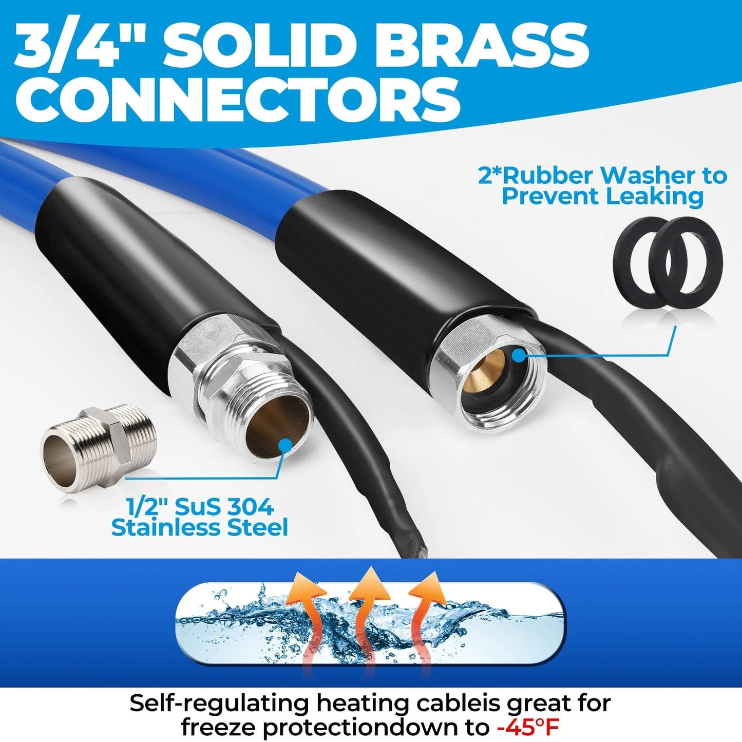 30 Foot Heated Water Hose For RV Use With Antifreeze To Minus Forty Five Degrees Fahrenheit Keeps Water Flowing In Freezing Weather For RV Folks Campers Farmers And Livestock And Outdoor Enthusiasts BPA Free And Lead Free, featuring connectors and rubber washer.