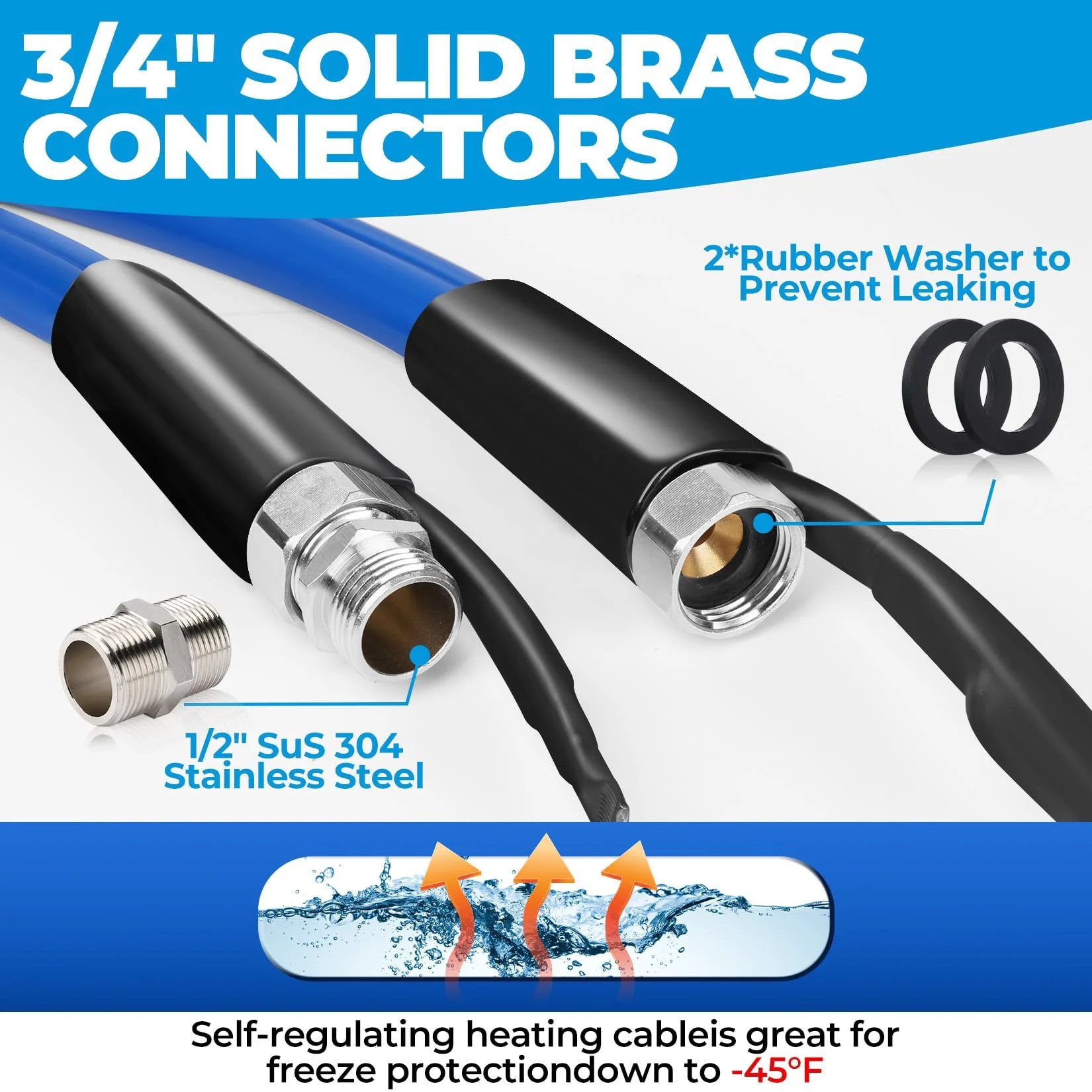 30 Foot Heated Water Hose For RV Use With Antifreeze To Minus Forty Five Degrees Fahrenheit Keeps Water Flowing In Freezing Weather For RV Folks Campers Farmers And Livestock And Outdoor Enthusiasts BPA Free And Lead Free, featuring connectors and rubber washer.