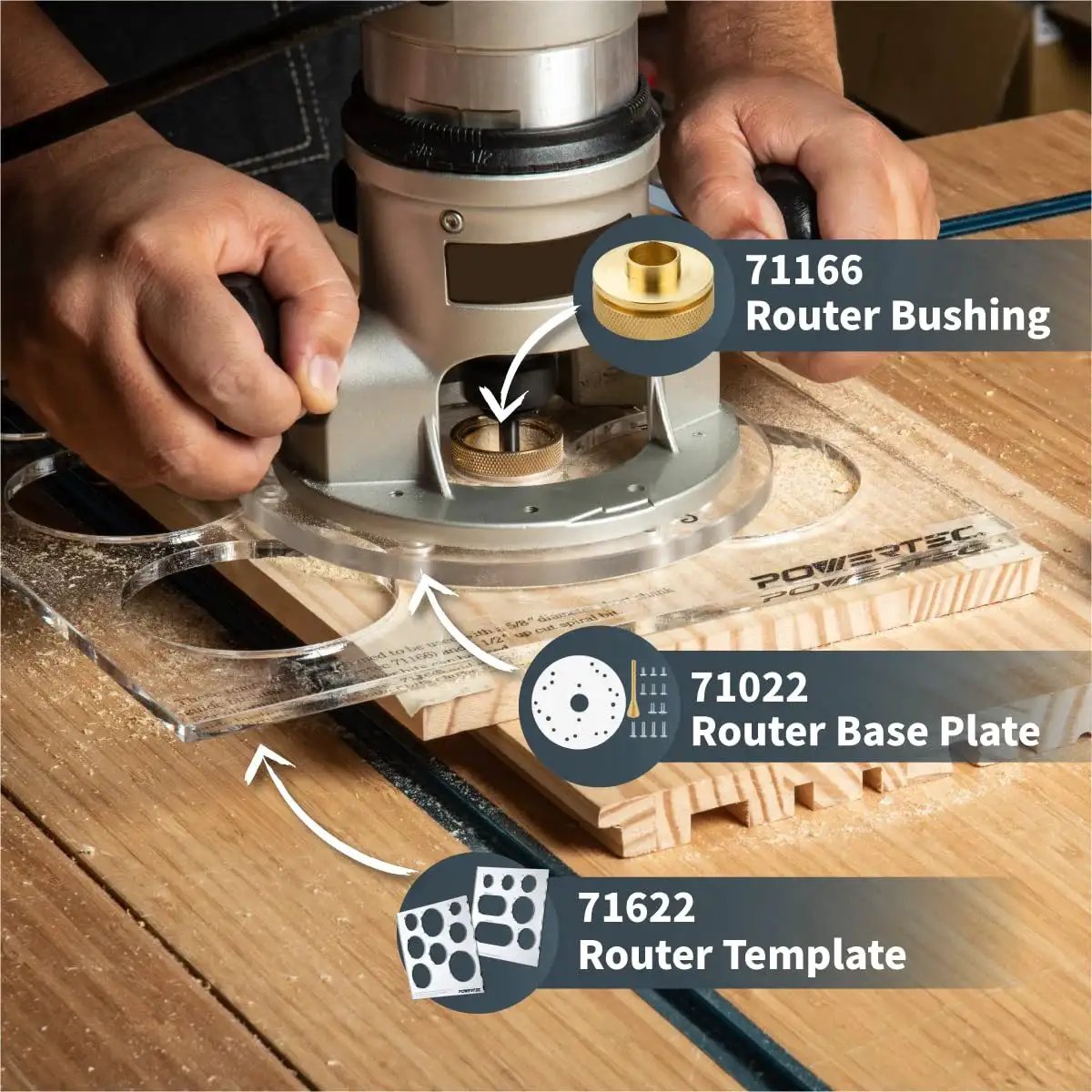 Router Guide Bushing Five Eighths Inch Solid Brass Short Shank For Precision Dovetail Routing installed on router with template and base plate