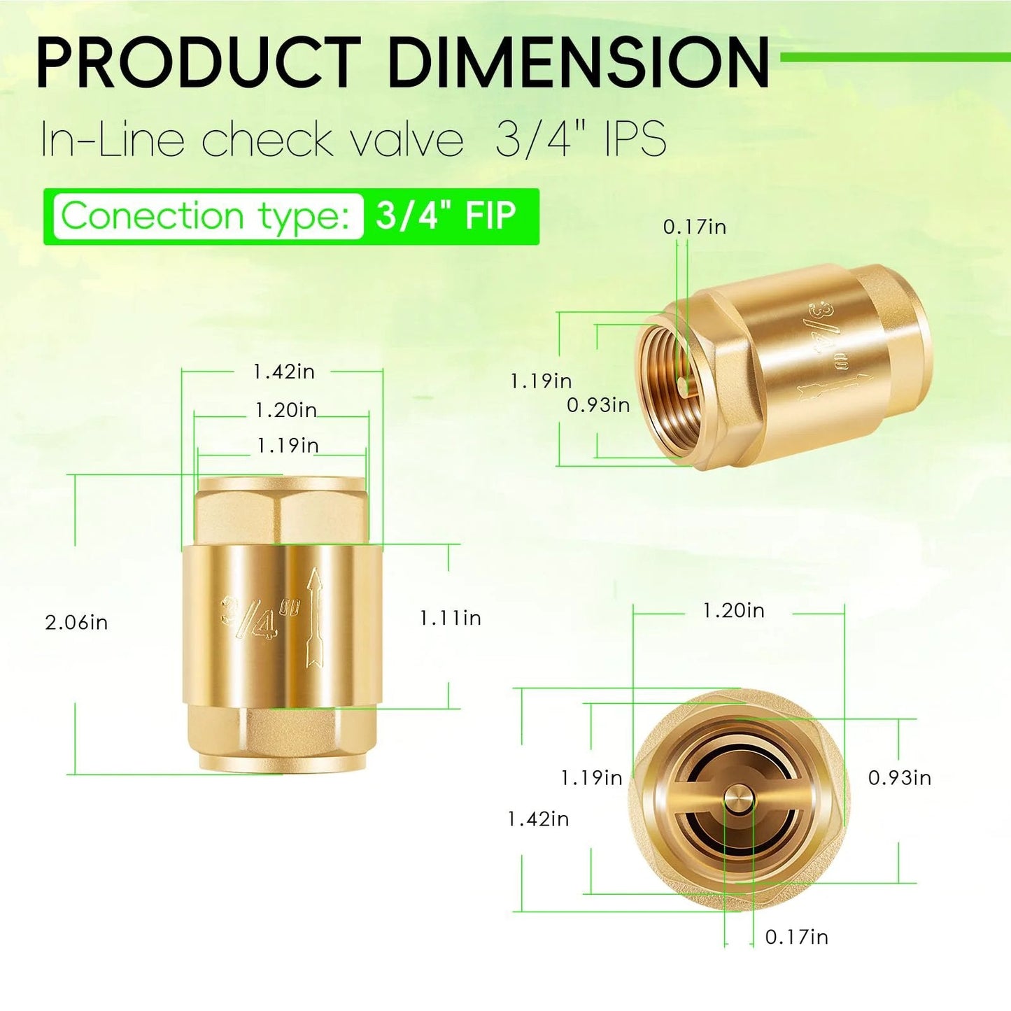 Two Pack Brass In Line One Way Check Valve Three Quarter Inch IPS For Water Hose Backflow Prevention Ideal For Plumbing Irrigation And HVAC Systems For Home And Commercial Use, showing product dimensions and connection type.