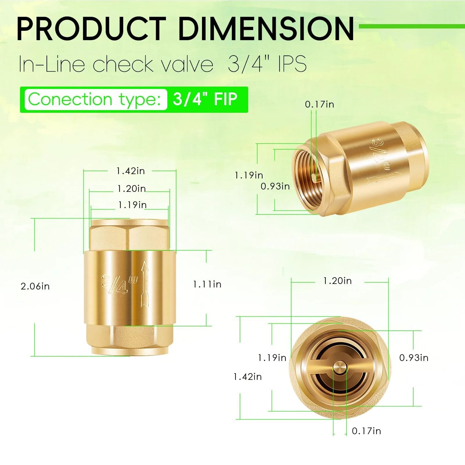 Two Pack Brass In Line One Way Check Valve Three Quarter Inch IPS For Water Hose Backflow Prevention Ideal For Plumbing Irrigation And HVAC Systems For Home And Commercial Use, showing product dimensions and connection type.