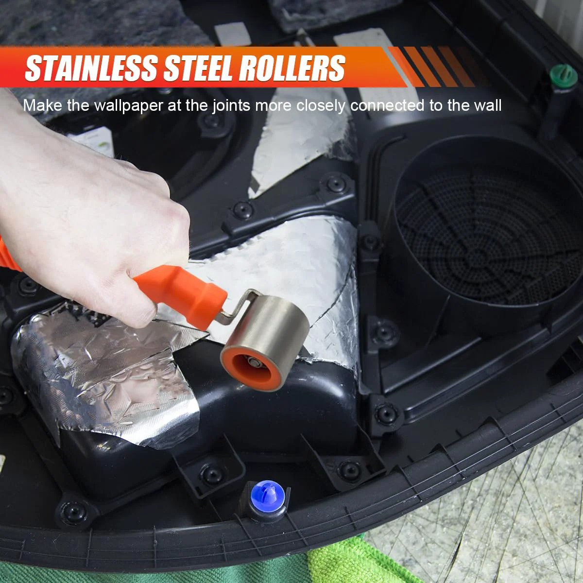 Car Audio Sound Deadening Roller With Anti Slip Handle Stainless Steel Hand Roller in use on car heat insulation mats
