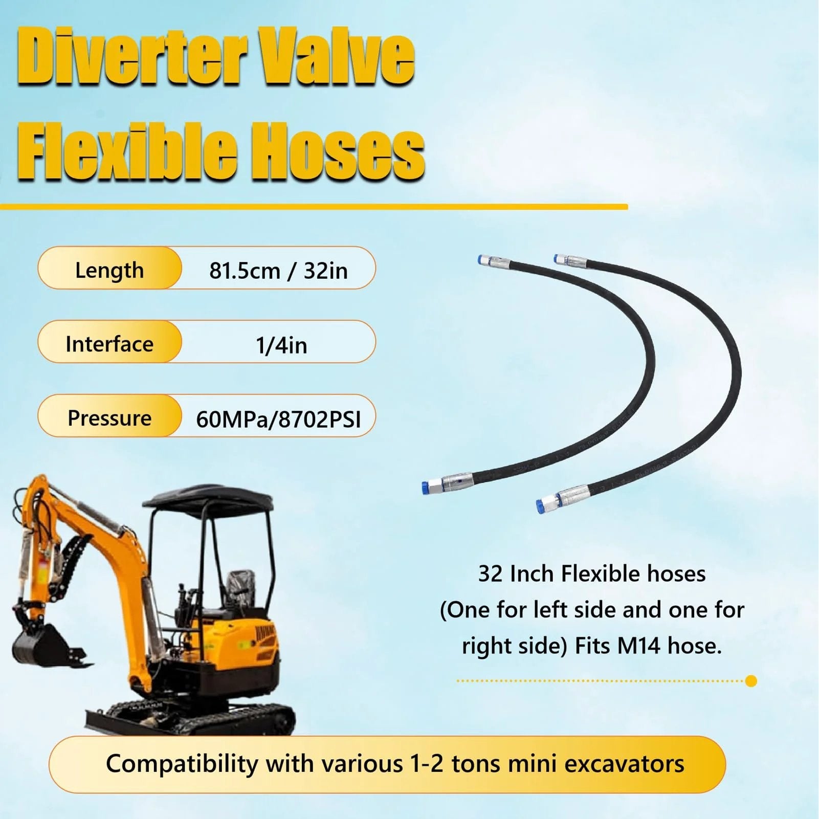 Two Pack Beefed Up Excavator Diverter Valve Hoses For One To Two Ton Mini Excavator 32 Inch Length Hydraulic Diverter Hose Set
