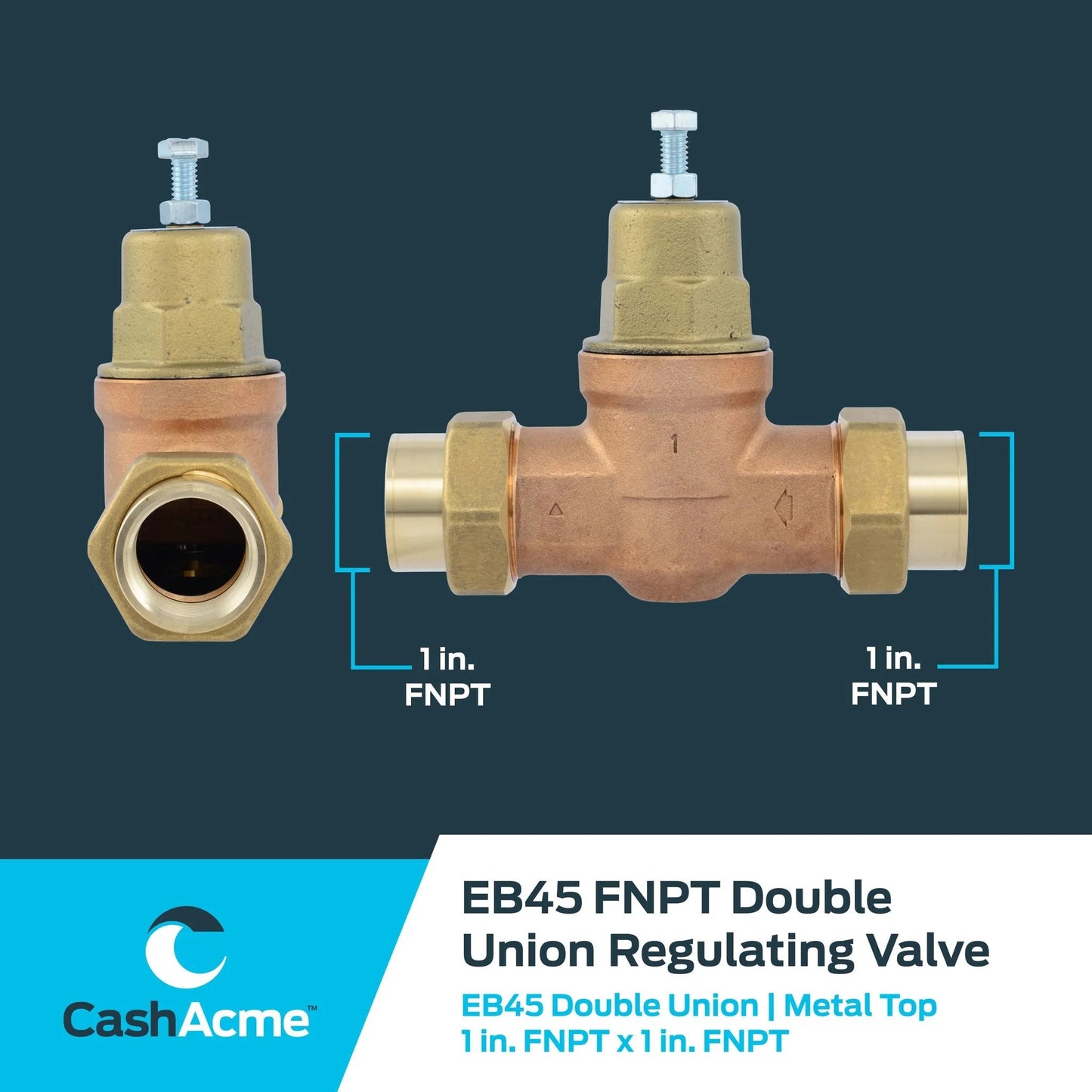 Direct Pressure Regulator Valve With Double Union For 1 Inch NPT Female Plumbing Lines, 60 PSI Setting, Metal Top PRV