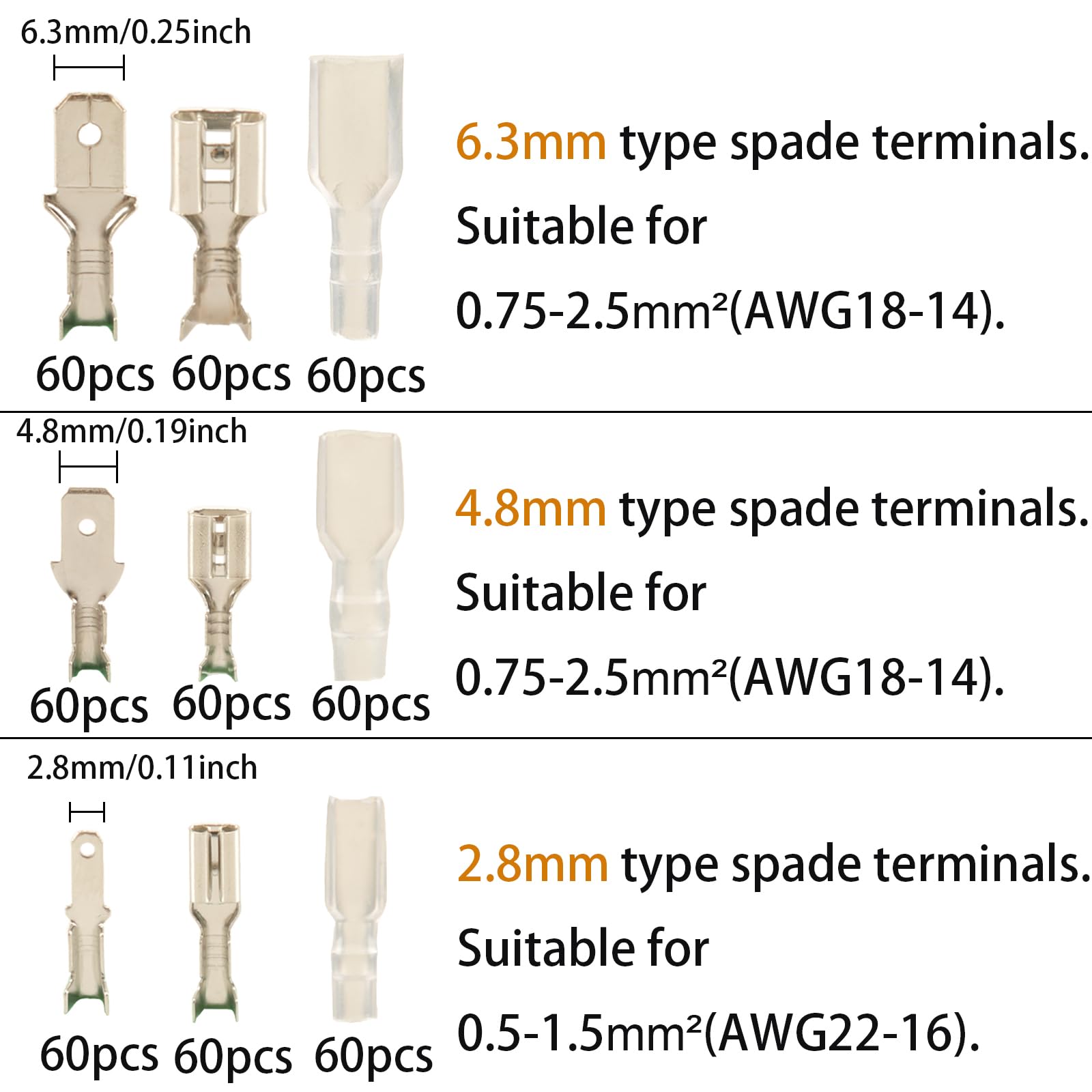 Ultimate 540 Piece Spade Connectors Kit With Insulating Sleeves And Crimp Terminals in 2.8mm, 4.8mm, and 6.3mm sizes.
