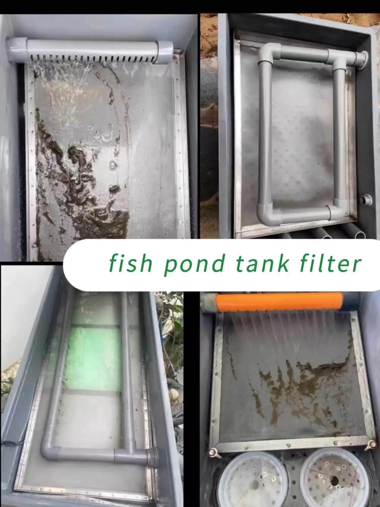 Fish pond tank filter showing various filtration stages with debris collection and water flow.
