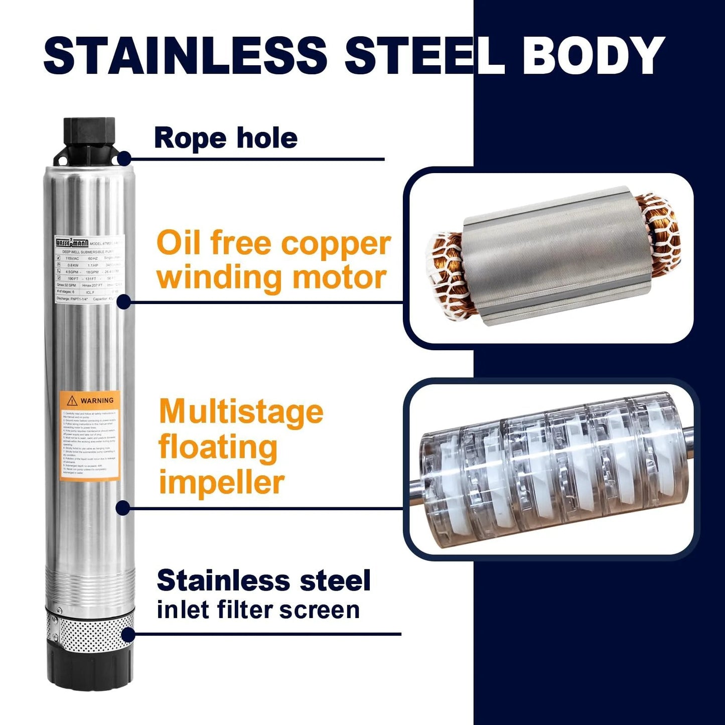 Stainless steel body of 4 Inch Submersible Effluent Pump With Bottom Suction, 33Ft Cable, 1HP 115V 60Hz, 32GPM, 207Ft Head.