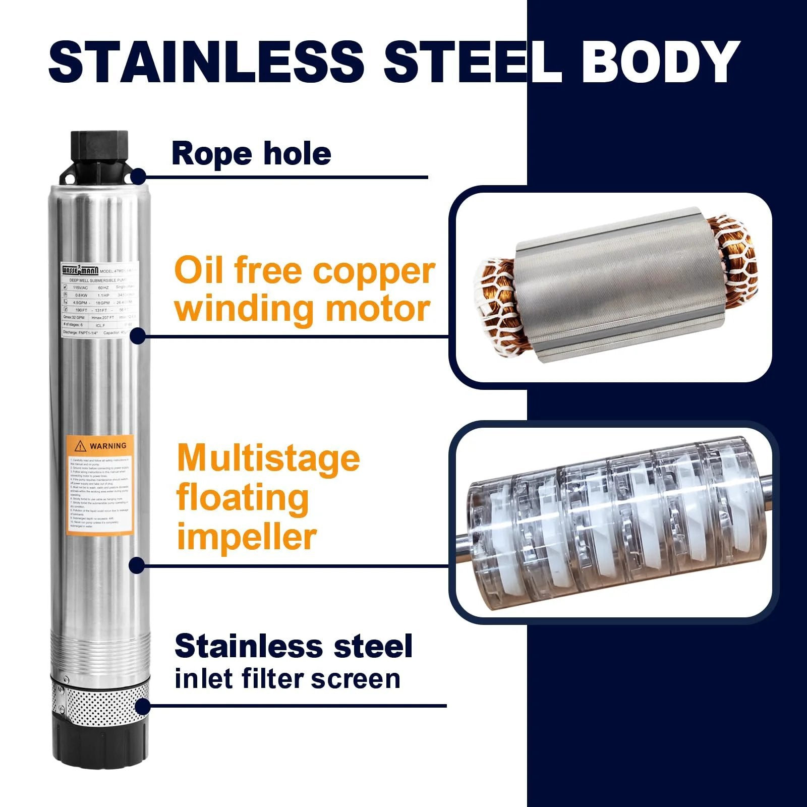 Stainless steel body of 4 Inch Submersible Effluent Pump With Bottom Suction, 33Ft Cable, 1HP 115V 60Hz, 32GPM, 207Ft Head.