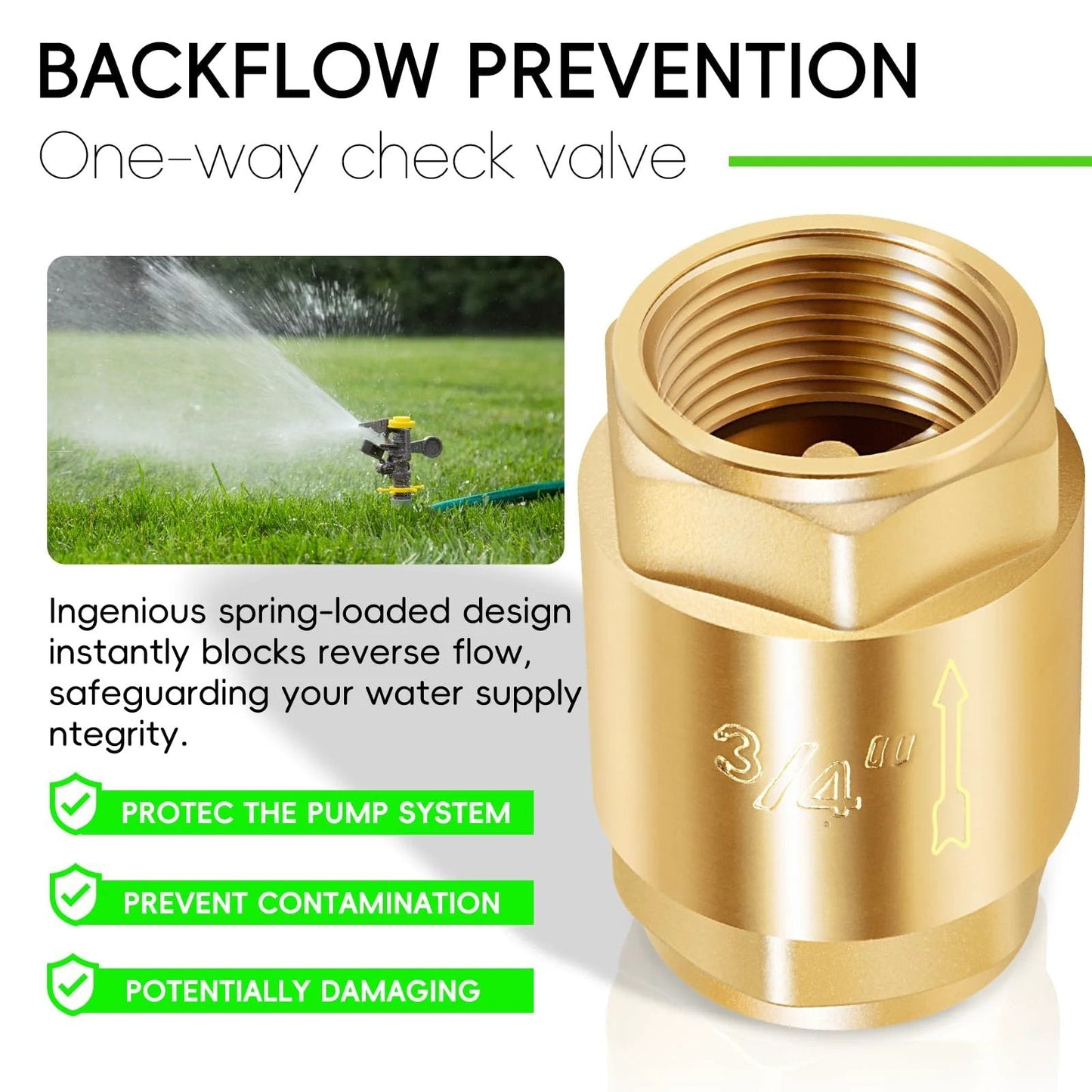 Two Pack Brass In Line One Way Check Valve Three Quarter Inch IPS For Water Hose Backflow Prevention Ideal For Plumbing Irrigation And HVAC Systems For Home And Commercial Use showing close-up of brass check valve and sprinklers in use