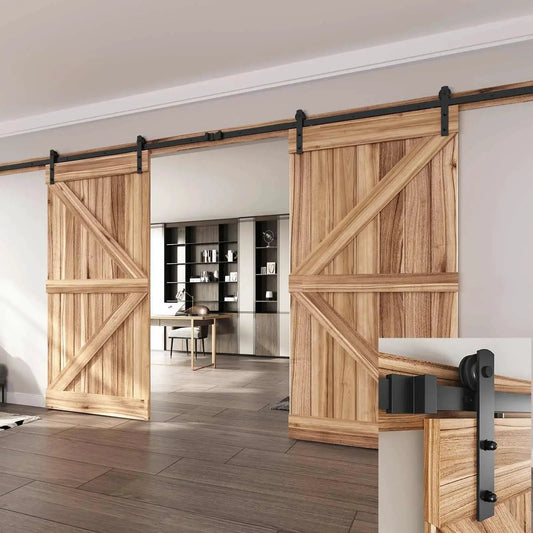 16 Ft Double Sliding Barn Door Hardware Track Kit With Straight Pulleys Heavy Duty Steel Black Powder Coated Finish for 48 Inch Wide Doors