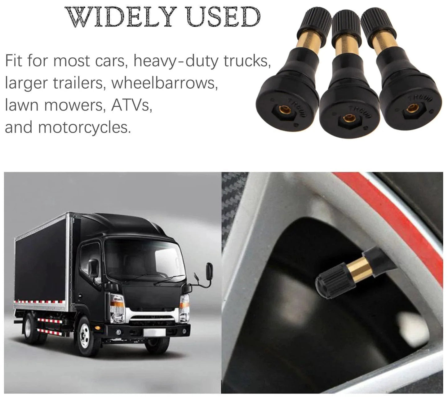 High Pressure Tire Valve Stems Heavy Duty Brass Rubber Snap In Valve Stems 100 Pack shown with truck and installed view
