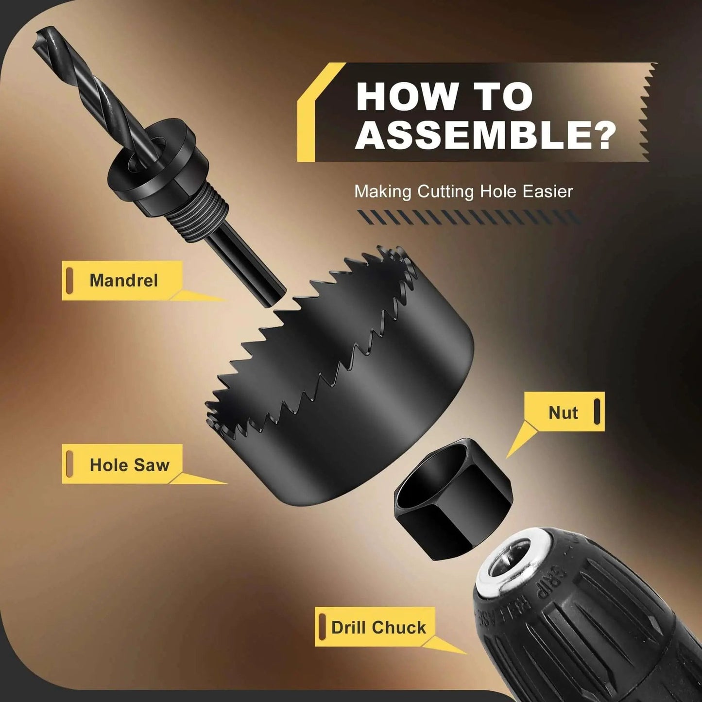 Illustrated assembly of Six Piece Hole Saw Kit With Four Sizes From 1 1/4 Inch To 2 1/8 Inch Includes Mandrels And Hex Key Built From Hardened Carbon Steel.