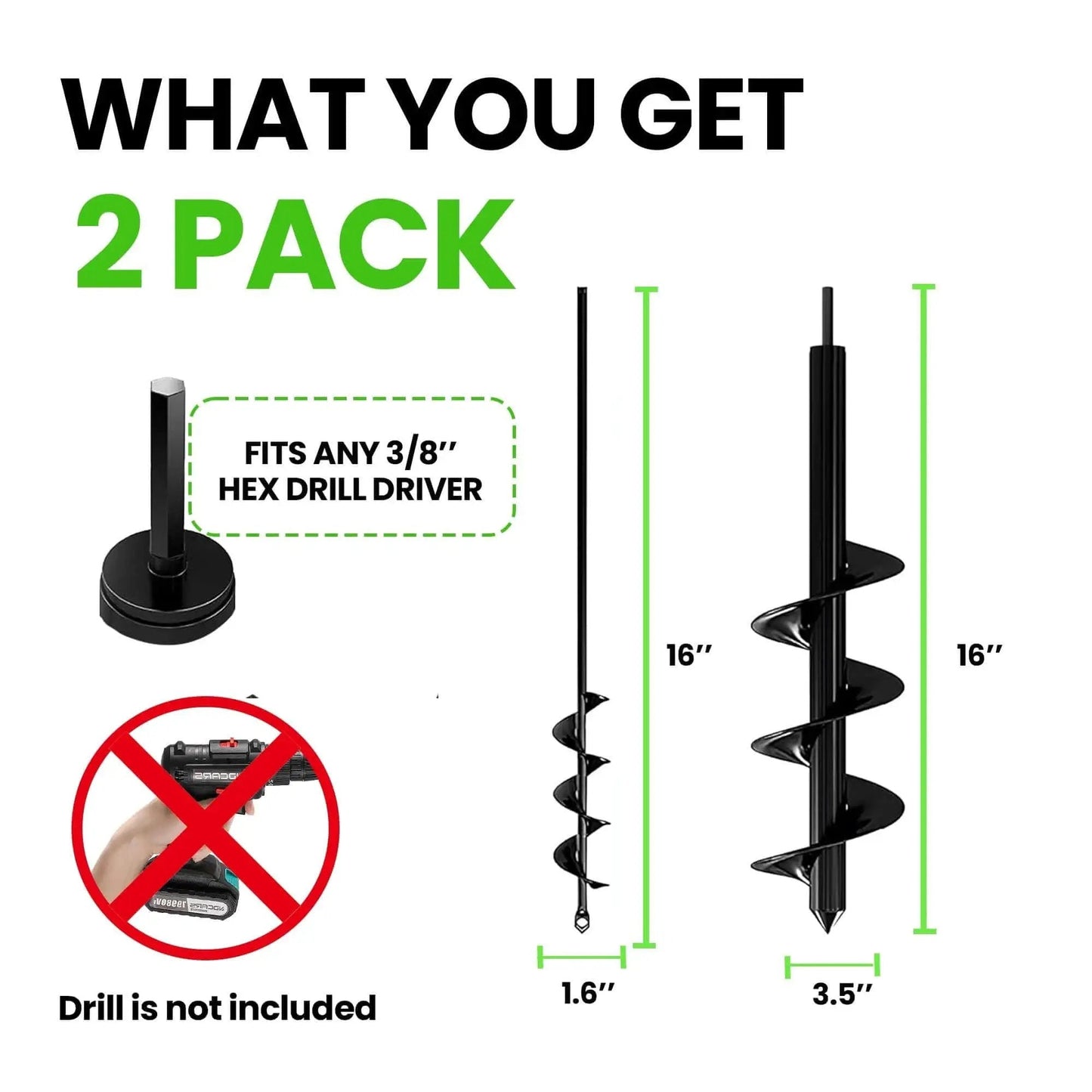 No Fuss Planting Auger Drill Bit Set For Bulbs And Garden Holes 1.6 By 16 Inch And 3.5 By 16 Inch Two Pack Spiral Hole Digger For Umbrella Hole Prep Compatible With Three Eighth Inch Hex Drive K-Brands shown in 2-pack with size dimensions.