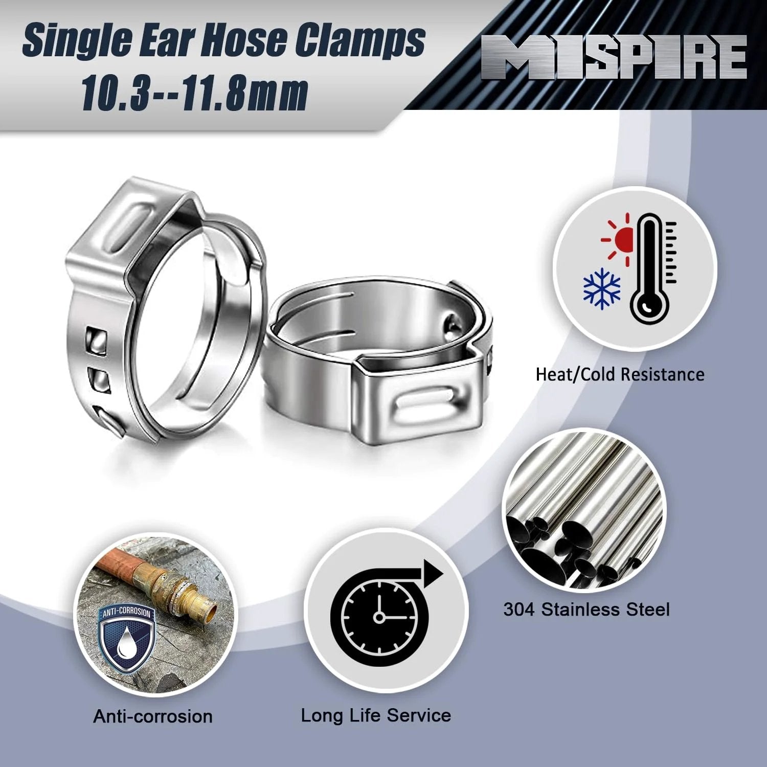 Heavy Duty 10.3-11.8mm Single Ear Crimp Hose Clamps Set, 100-Pack, 304 Stainless Steel, Stepless Hose Clamp for Automotive use