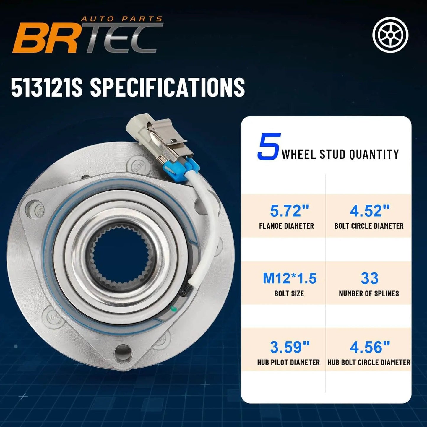 Front Wheel Hub and Bearing Assembly Pair Fit Chevy Impala Monte Carlo Uplander 5-Lug w/ABS specifications chart