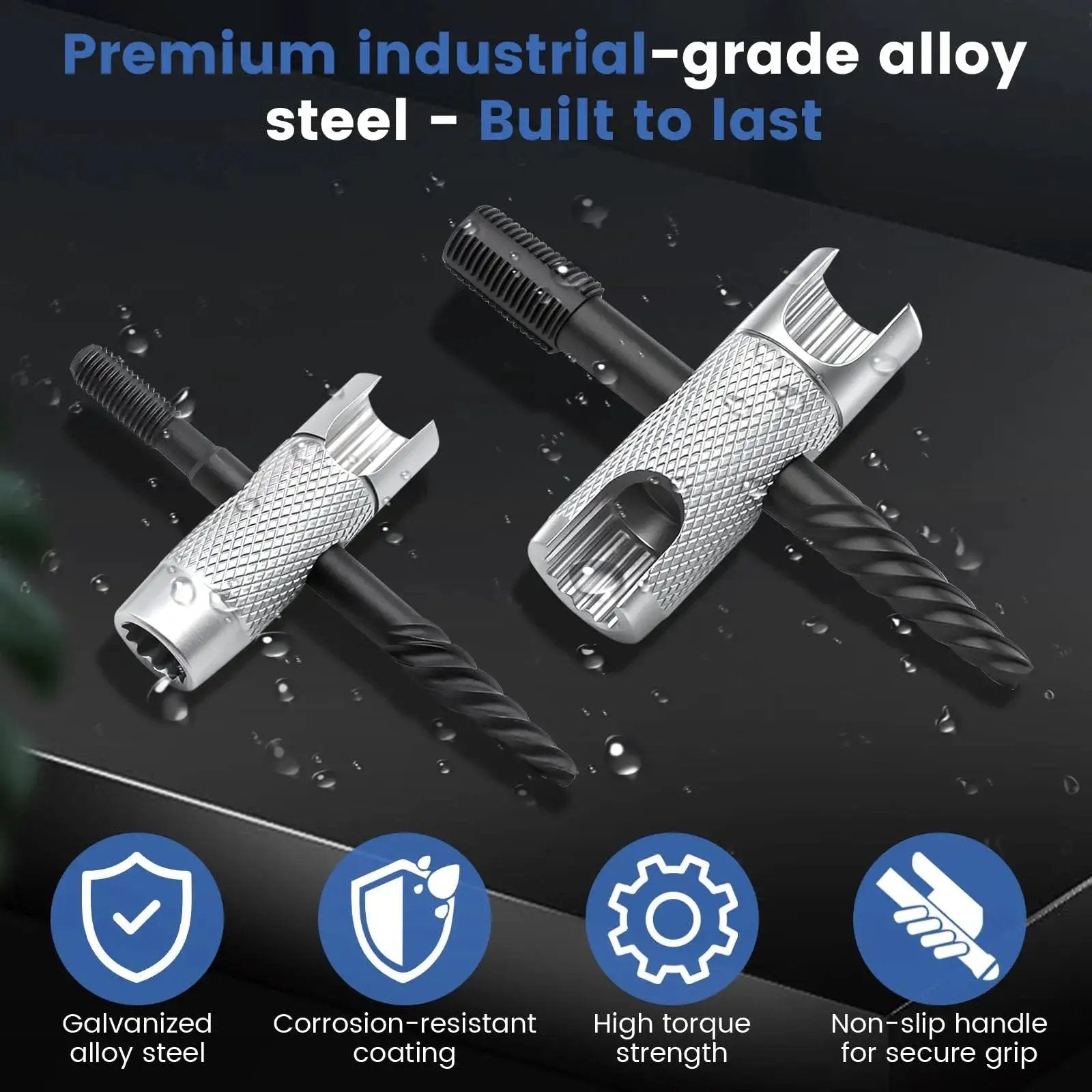 Grease Fitting Tool Set 2 Pack 4 In 1 Zerk Fitting Tool, galvanized alloy steel, shown with corrosion-resistant coating, close-up view.