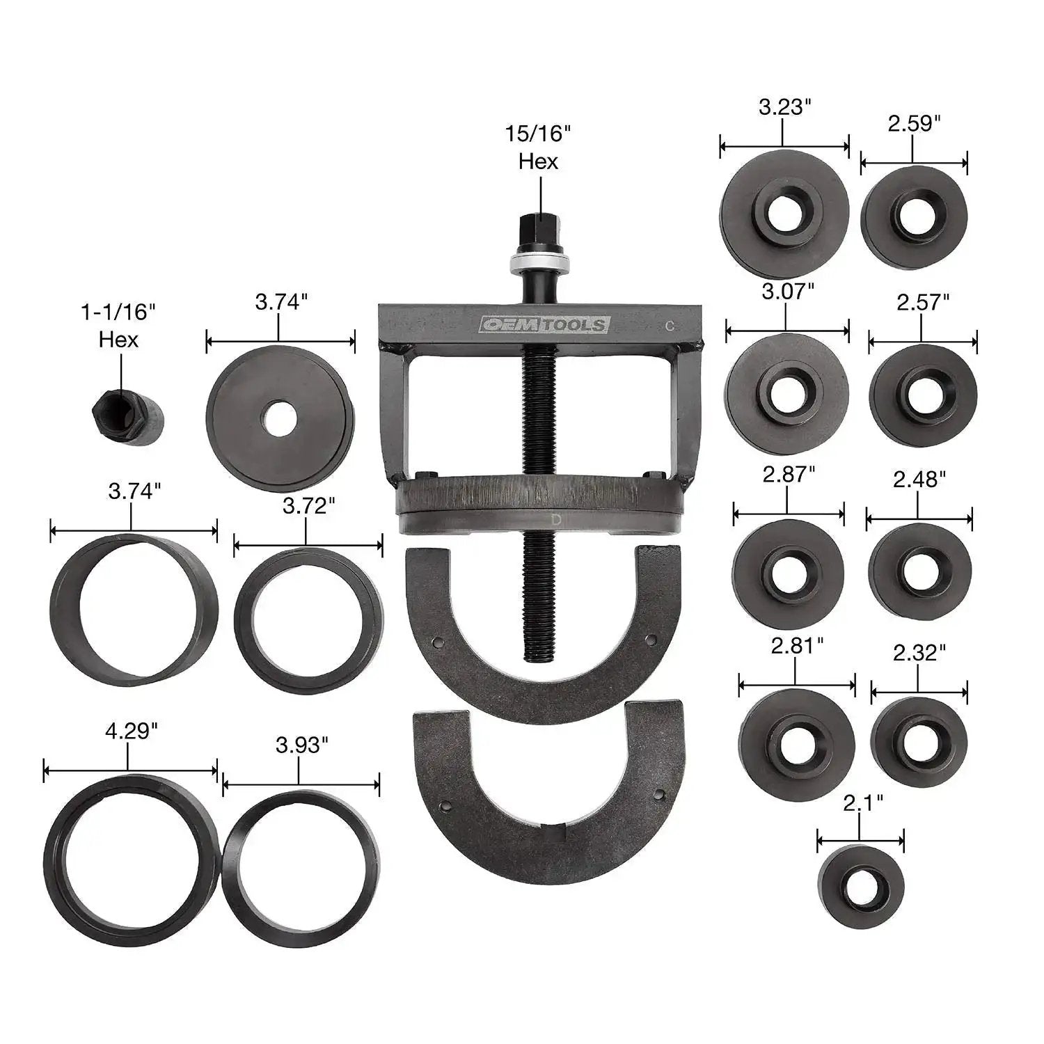 Master Wheel Bearing Removal Tool And Installer Kit with self-centering design and adapter rings, front view with dimensions shown.