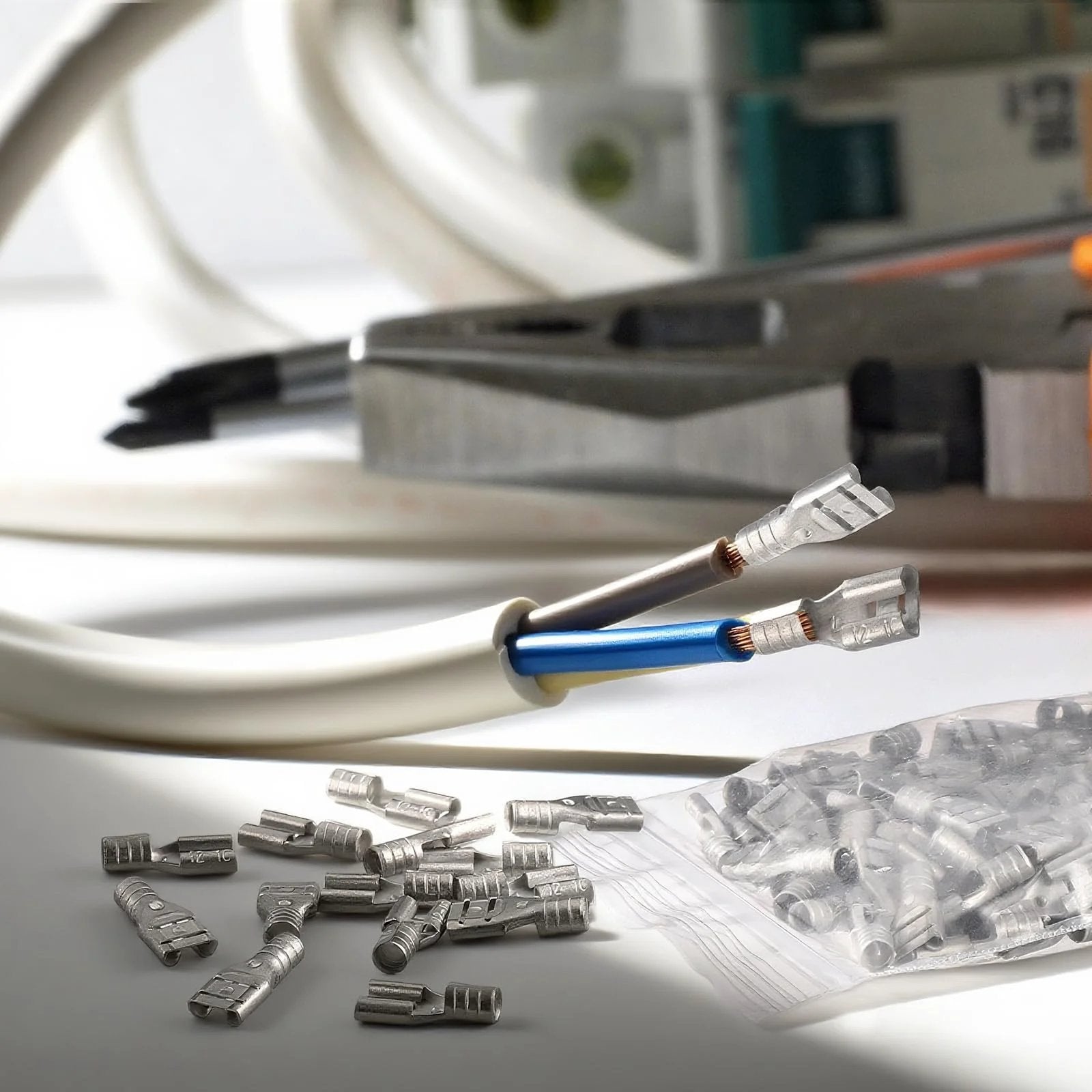 High Temperature Female Non Insulated Spade Connectors Pro Grade 100 Pack For 12 To 10 Gauge Quick Disconnect One Quarter Inch Female Tab Wire Splice Connectors For Strong Crimps In Electrical Terminals shown with wires and tools