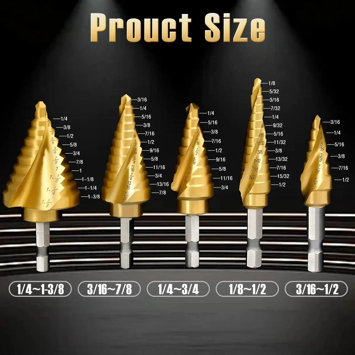 Five Piece Titanium Step Drill Bit Set With Fifty Sizes From Three Sixteenth Inch To One And Three Eighths Inch For Metal Aluminum Wood And Plastic HSS Step Bit With Titanium Coating And Two Spiral Grooved For Electricians And DIY Projects displayed on a dark background
