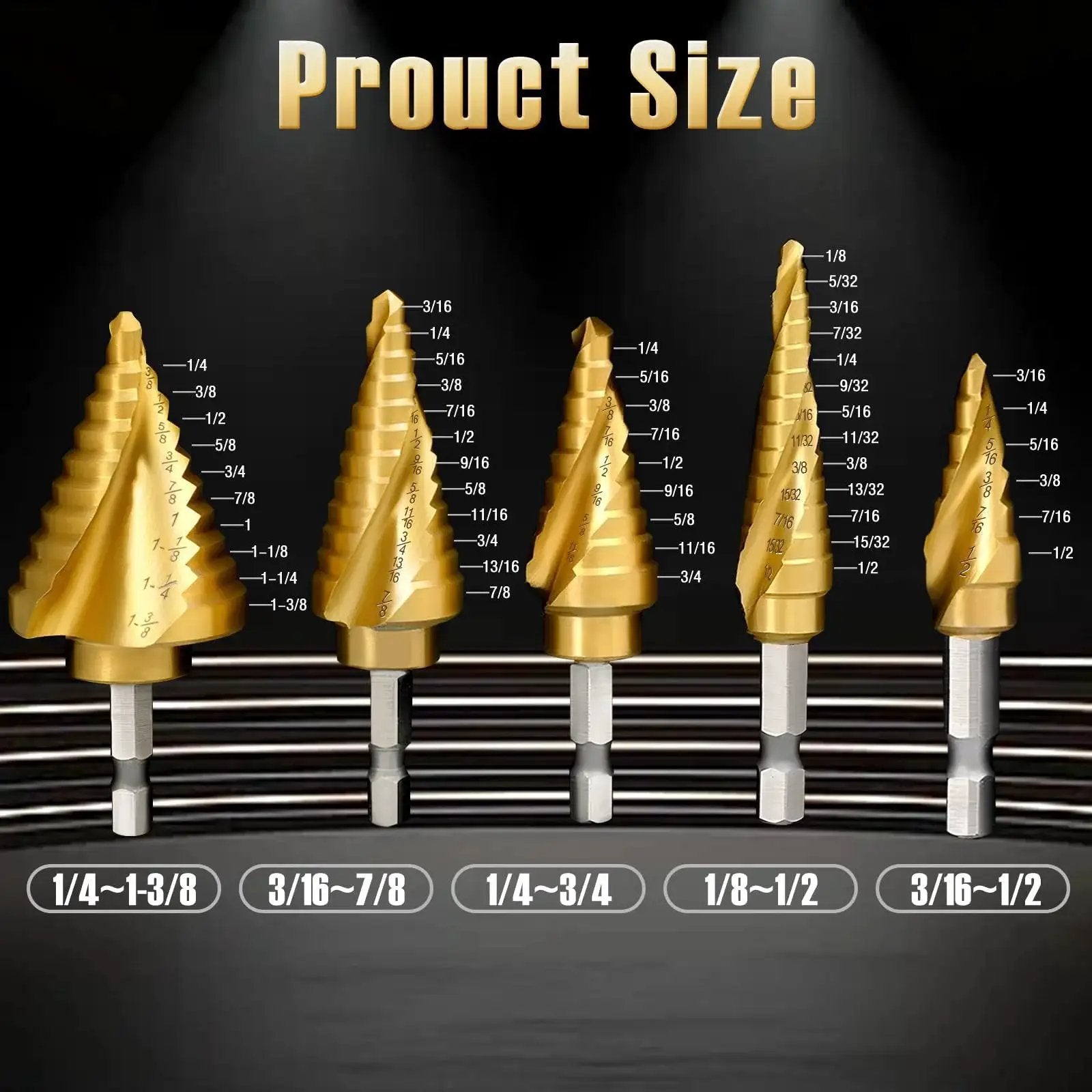 Five Piece Titanium Step Drill Bit Set With Fifty Sizes From Three Sixteenth Inch To One And Three Eighths Inch For Metal Aluminum Wood And Plastic HSS Step Bit With Titanium Coating And Two Spiral Grooved For Electricians And DIY Projects displayed on a dark background