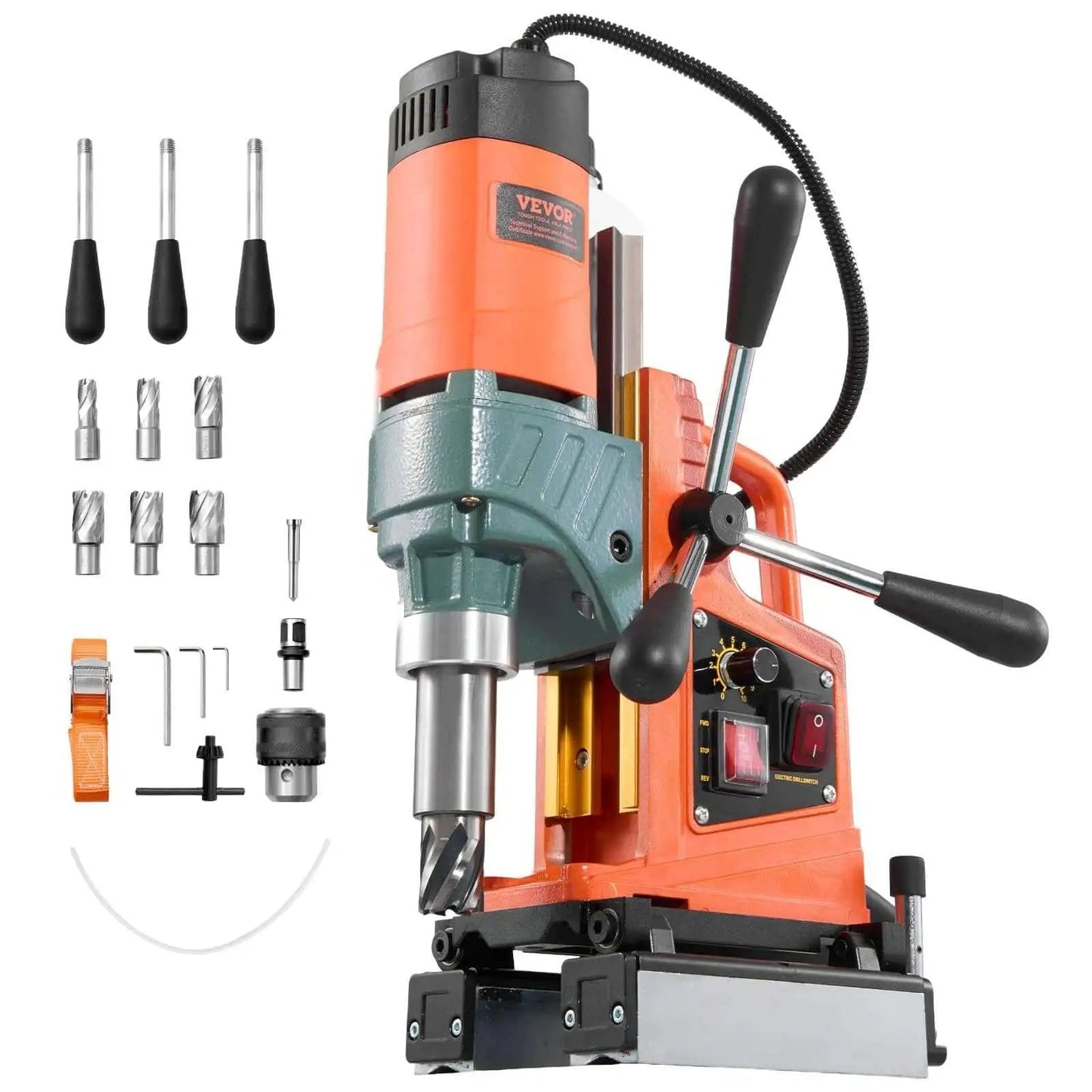 Magnetic Drill Press Workhorse With 1400W Power 2 Inch Boring Diameter 0 To 750 RPM Variable Speed Reversible Direction Includes 6 Core Bits Electric Mag Drill For Industrial And Home Improvement Projects with accessories.