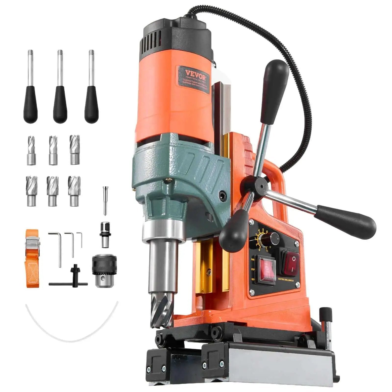 Magnetic Drill Press Workhorse With 1400W Power 2 Inch Boring Diameter 0 To 750 RPM Variable Speed Reversible Direction Includes 6 Core Bits Electric Mag Drill For Industrial And Home Improvement Projects with accessories.