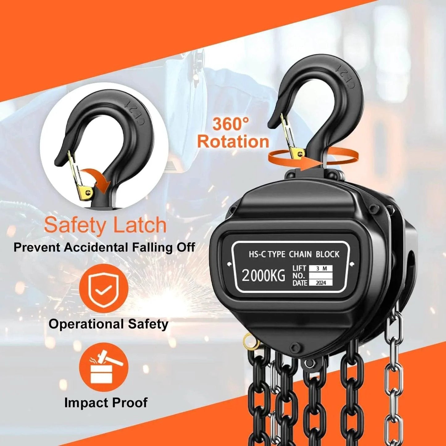 2 Ton Manual Chain Hoist With 10 Ft Lift Height And 4400 Lbs Capacity, 360 Degree Rotation Hook, G80 Galvanized Carbon Steel Chain