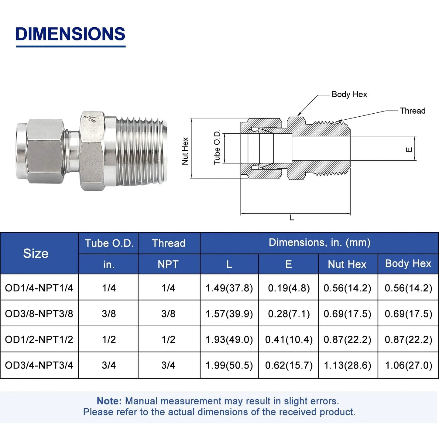 Premium 316 Stainless Steel Compression Tube Fitting Half Inch OD To Half Inch NPT Male Straight Adapter With Double Ferrules For Oil Chemical And Natural Gas Connections 2 Pack image with dimensions chart