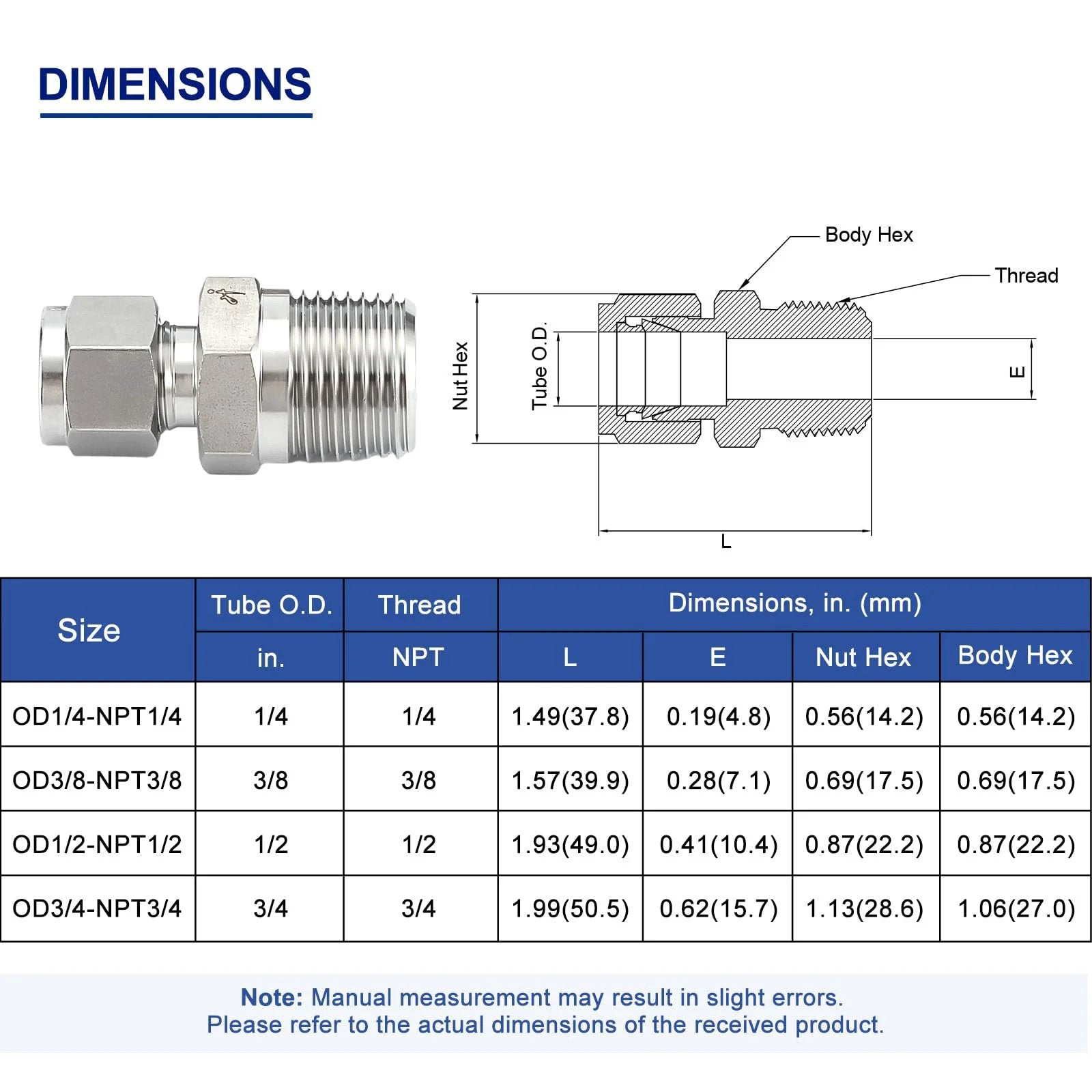 Premium 316 Stainless Steel Compression Tube Fitting Half Inch OD To Half Inch NPT Male Straight Adapter With Double Ferrules For Oil Chemical And Natural Gas Connections 2 Pack image with dimensions chart