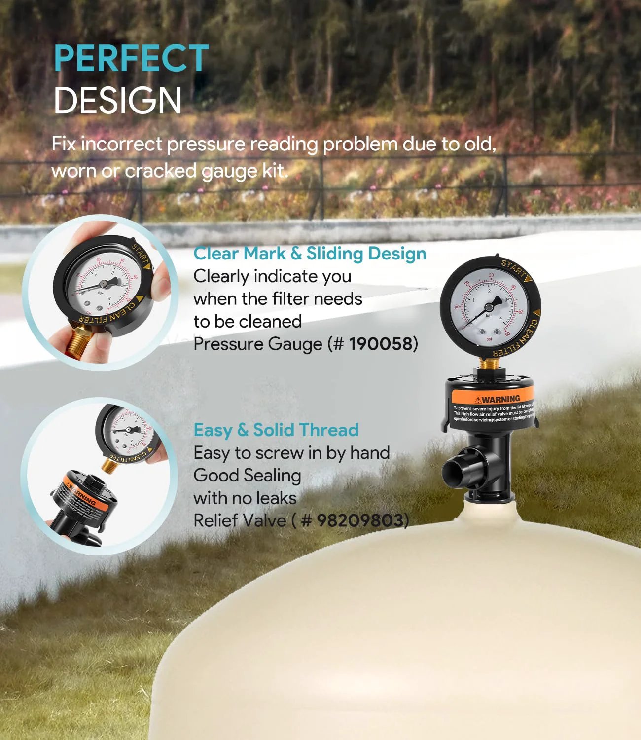 High Flow Manual Relief Valve With Integrated Pressure Gauge For Pool And Spa Cartridge Filters Replacement, Go To Air Relief Valve Assembly That Fits Clean And Clear CC CCP Series And Warrior EasyClean FNS Systems For Aboveground Pools, showing pressure gauge and valve setup.