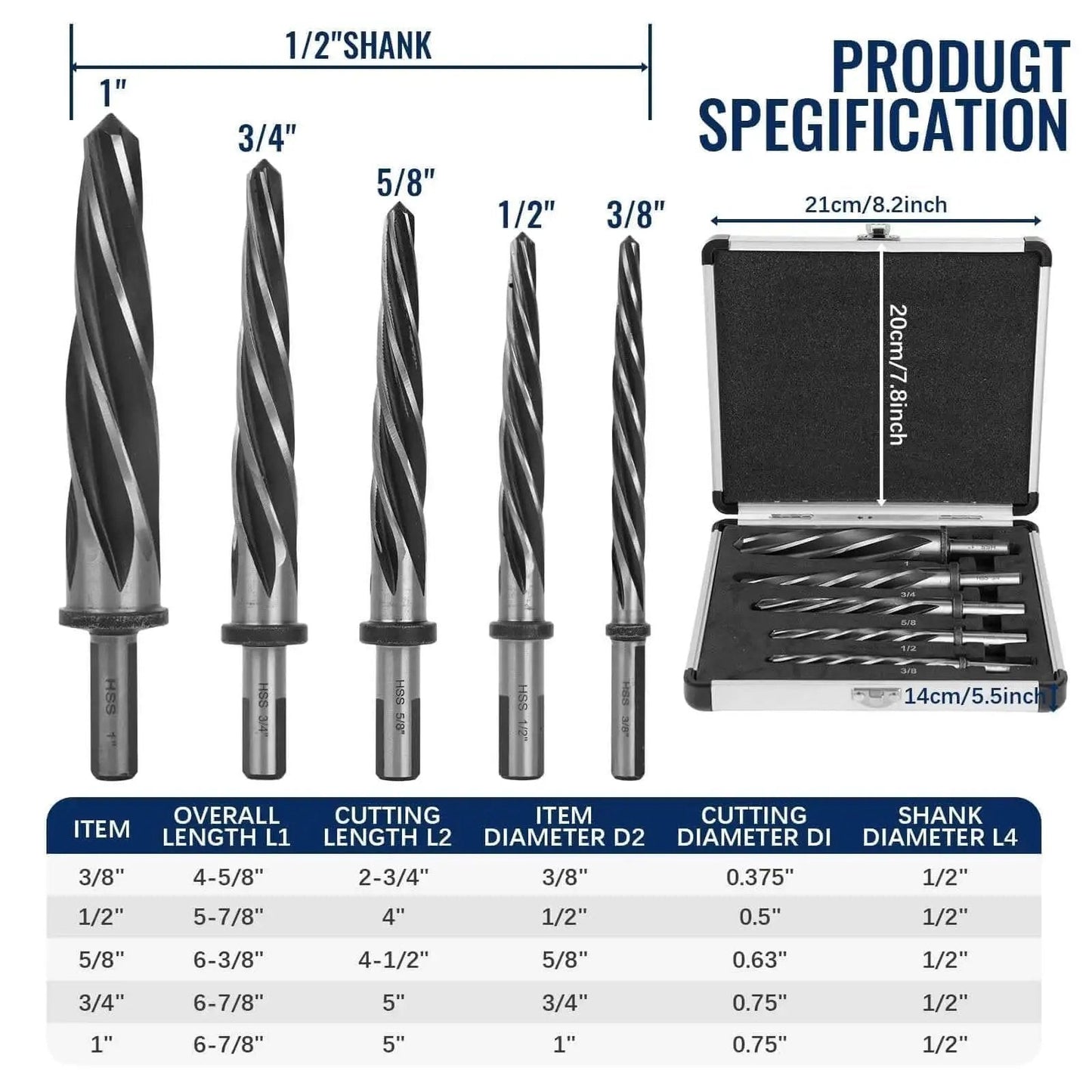 5 Piece M2 HSS Taper Chucking Reamer Set With Sizes One Inch Three Quarter Inch Five Eighth Inch Half Inch Three Eighth Inch And Shank Type Half Inch Three Flat Round For Bridge Construction Reaming Drill Bits For Steel Metal Wood Alloy Durable Heavy Duty product image showing reamers and storage case.