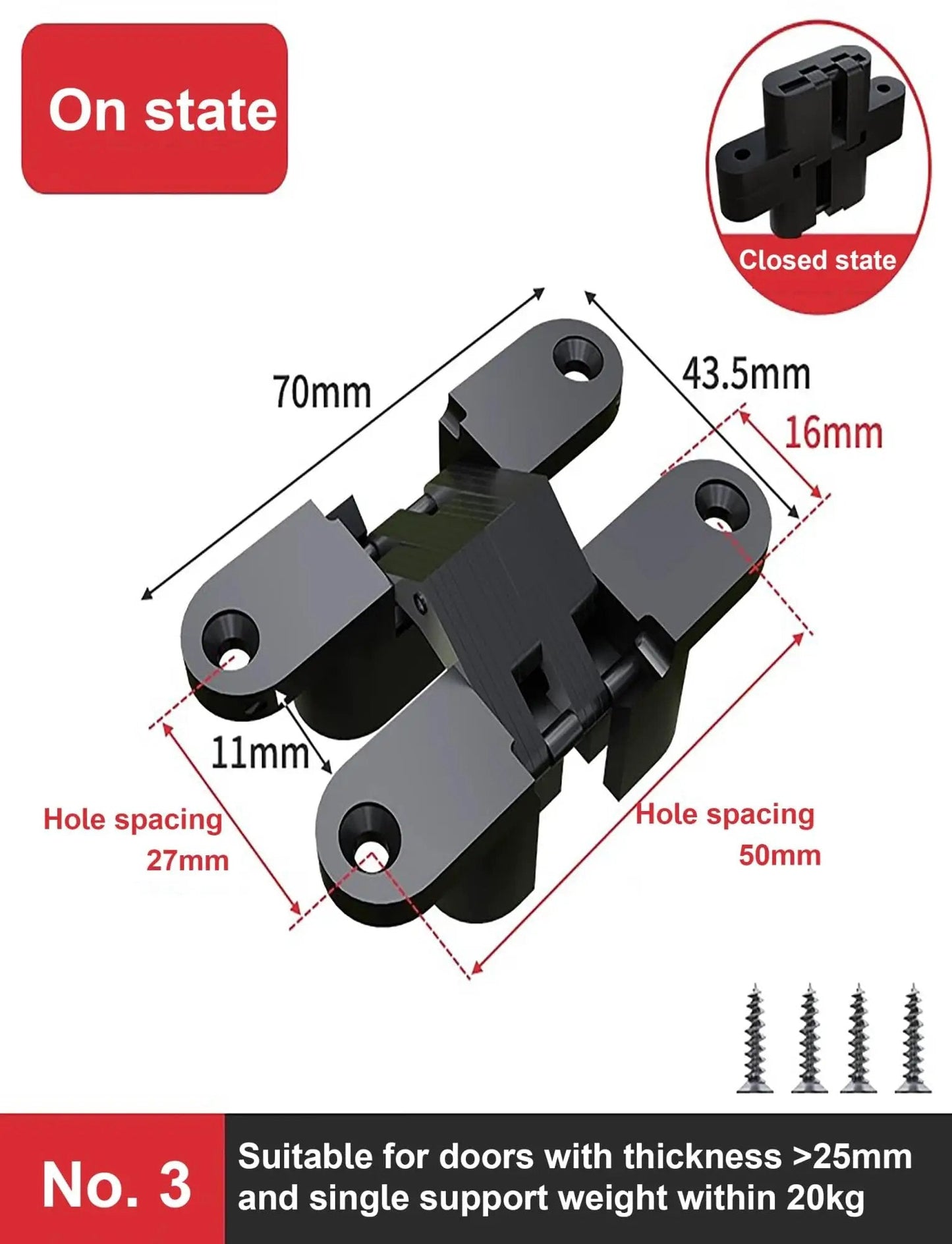 Image showing Hidden Door Hinge Set Two Pack Invisible Cabinet Hinges 180 Degree Cross Hinges dimensions and installation info.