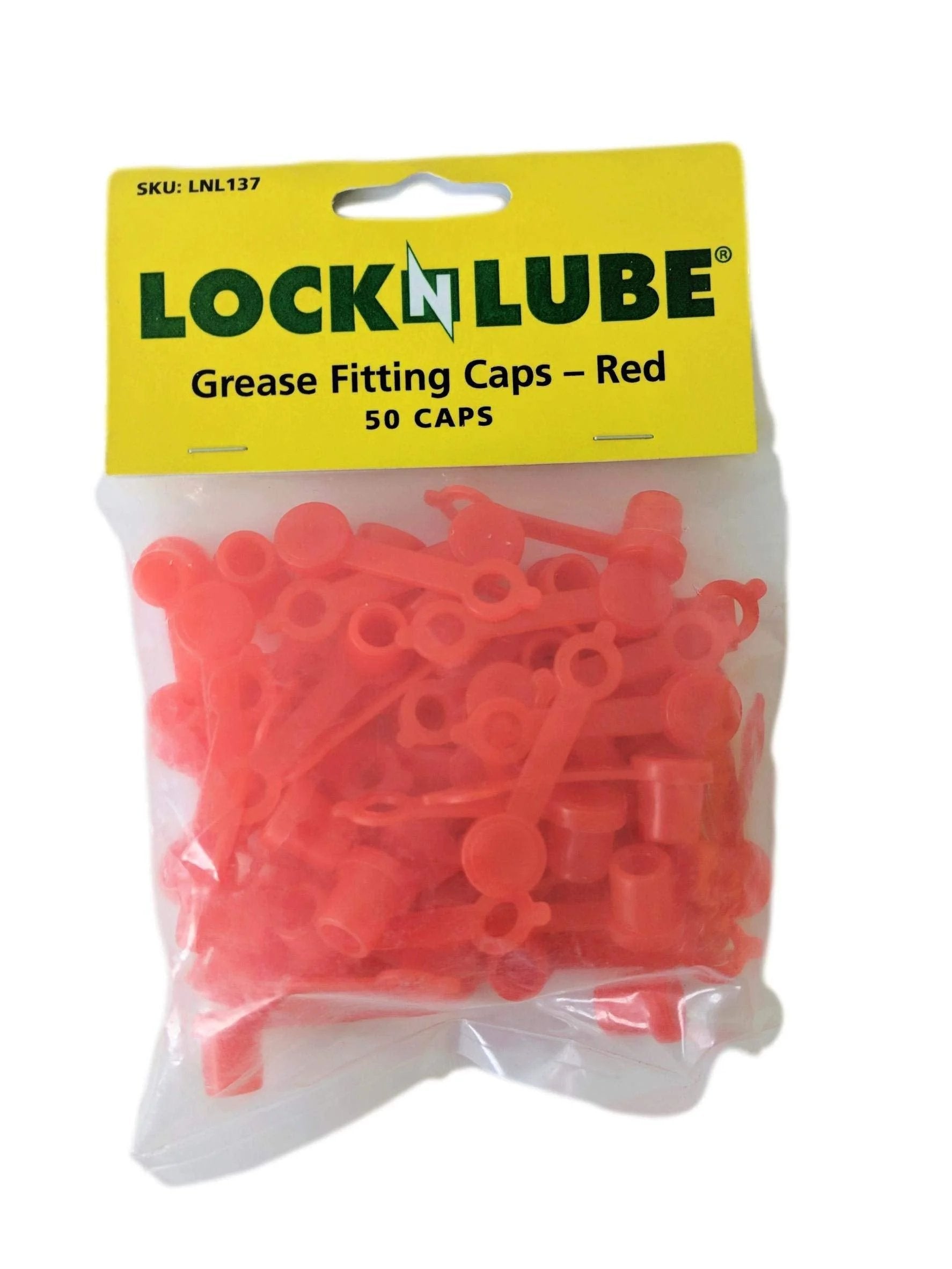 Bag of red 50 count grease fitting caps with integrated collar by LockNLube for all SAE and metric fittings, 1.67 inch length.