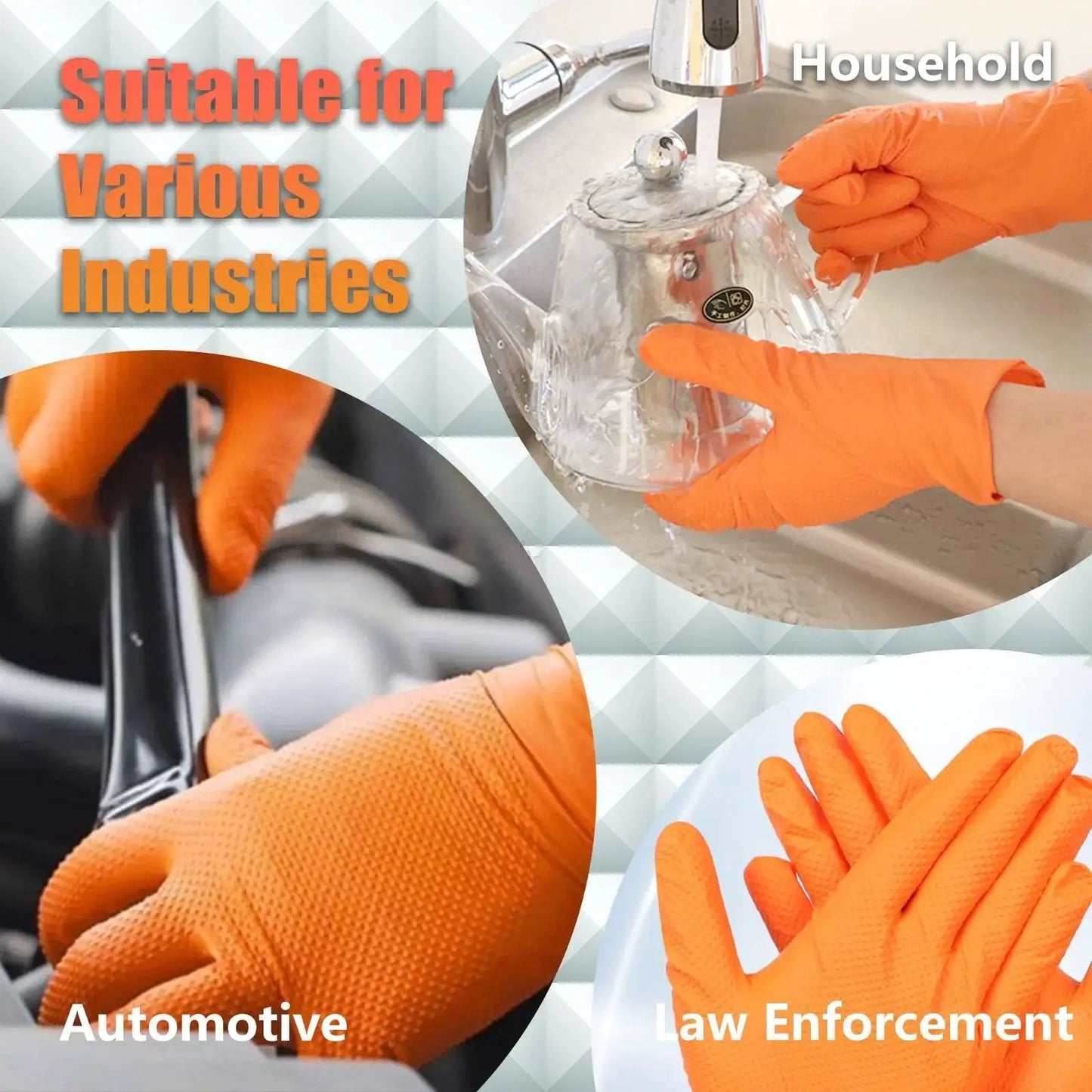 Heavy Duty Orange Diamond Grip 8Mil Nitrile Gloves Puncture And Cut Resistant XL used in household, automotive, law enforcement