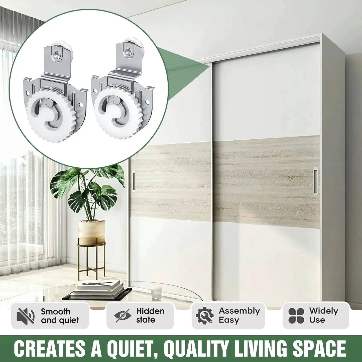 Sliding Closet Door Roller Set For Wardrobes Replacement Rollers Hardware Kit In Silver Eight Piece Pack Quiet Operation And Smooth Glide Durable Wardrobe Sliding Track Wheel System For Easy Low Noise Door Movement in a modern living room with sliding doors.