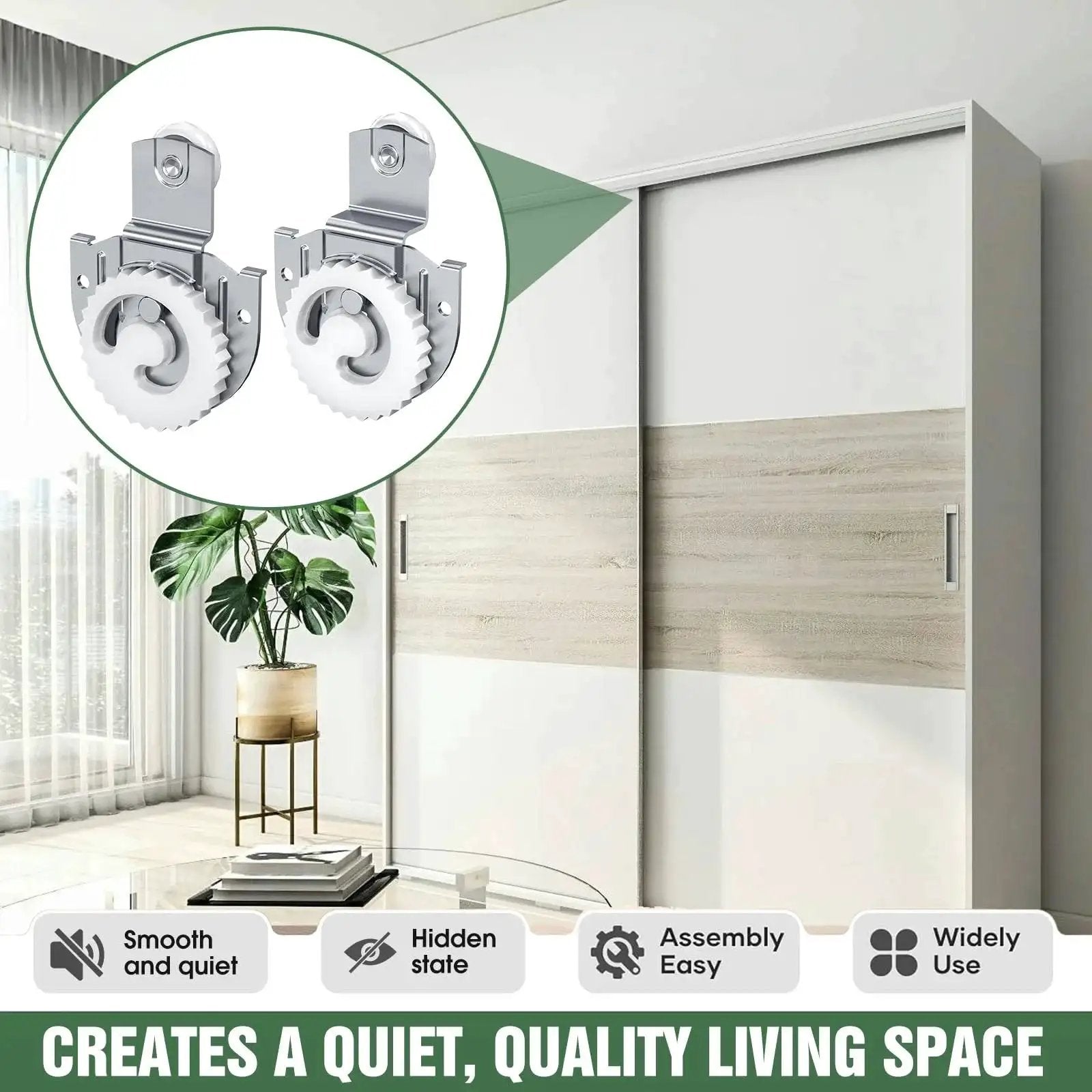 Sliding Closet Door Roller Set For Wardrobes Replacement Rollers Hardware Kit In Silver Eight Piece Pack Quiet Operation And Smooth Glide Durable Wardrobe Sliding Track Wheel System For Easy Low Noise Door Movement in a modern living room with sliding doors.