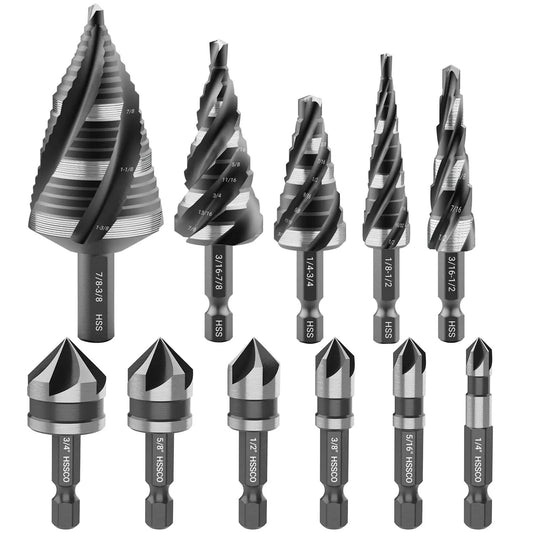 All In One Step Drill Bit Set With Countersinks For Metal Aluminum Wood Plastic, Four Spiral Flute, 11 Piece Kit Including 5 Step Bits And 6 Countersink Bits, One Quarter Inch Quick Change Hex Shank, Nitrided HSS Drill Bits For Heavy Duty DIY Projects displayed in a set