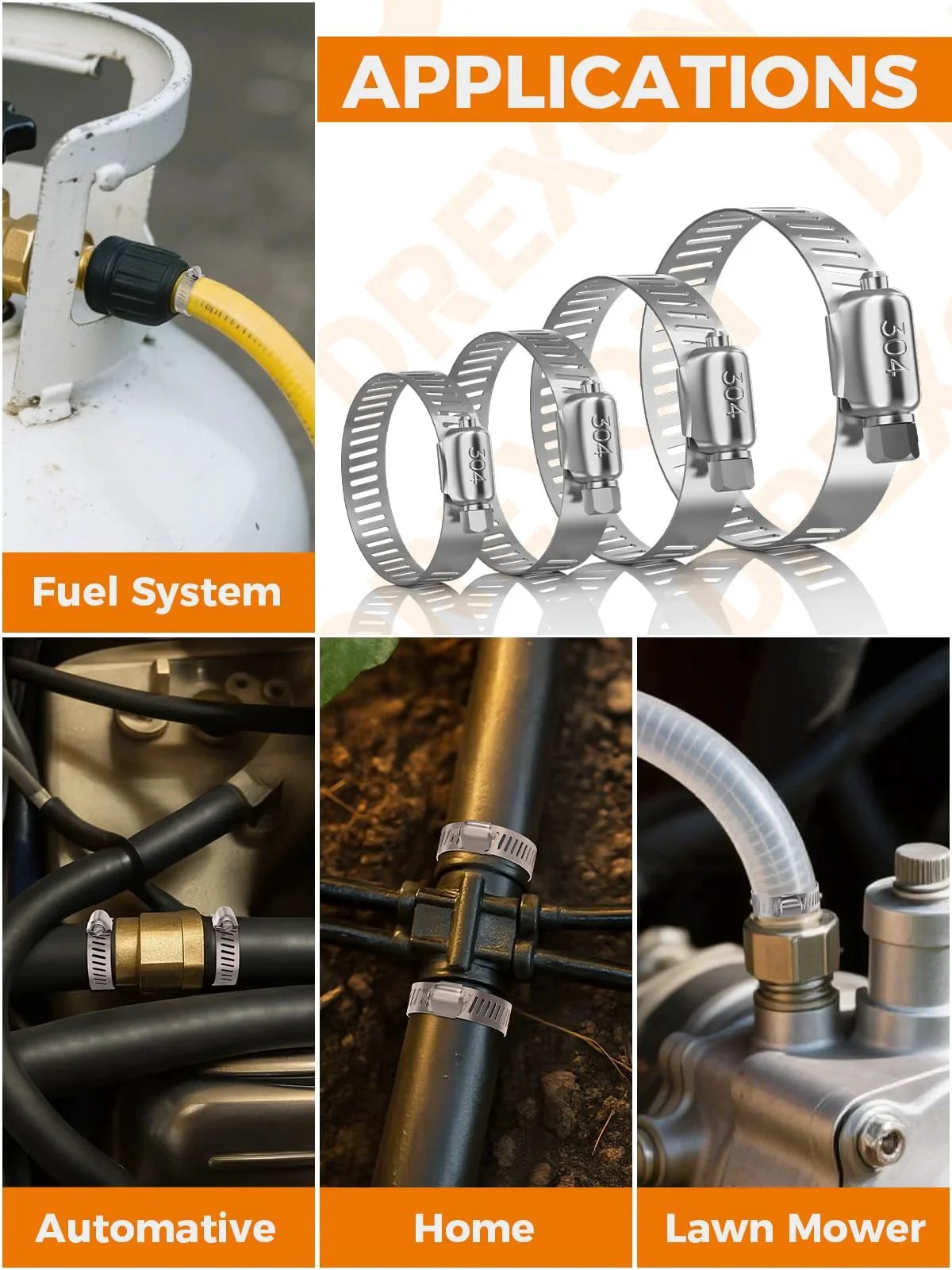 200 Piece Hose Clamp Kit Assortment In Heavy Duty 304 Stainless Steel Worm Gear Clamps One Quarter To Two Inches Range Eight Size Automotive Fuel Line Radiator Coolant Hose Clamp Set Ideal For Automotive Repairs And DIY Projects displayed with applications in fuel system, automotive, home, and lawn mower.