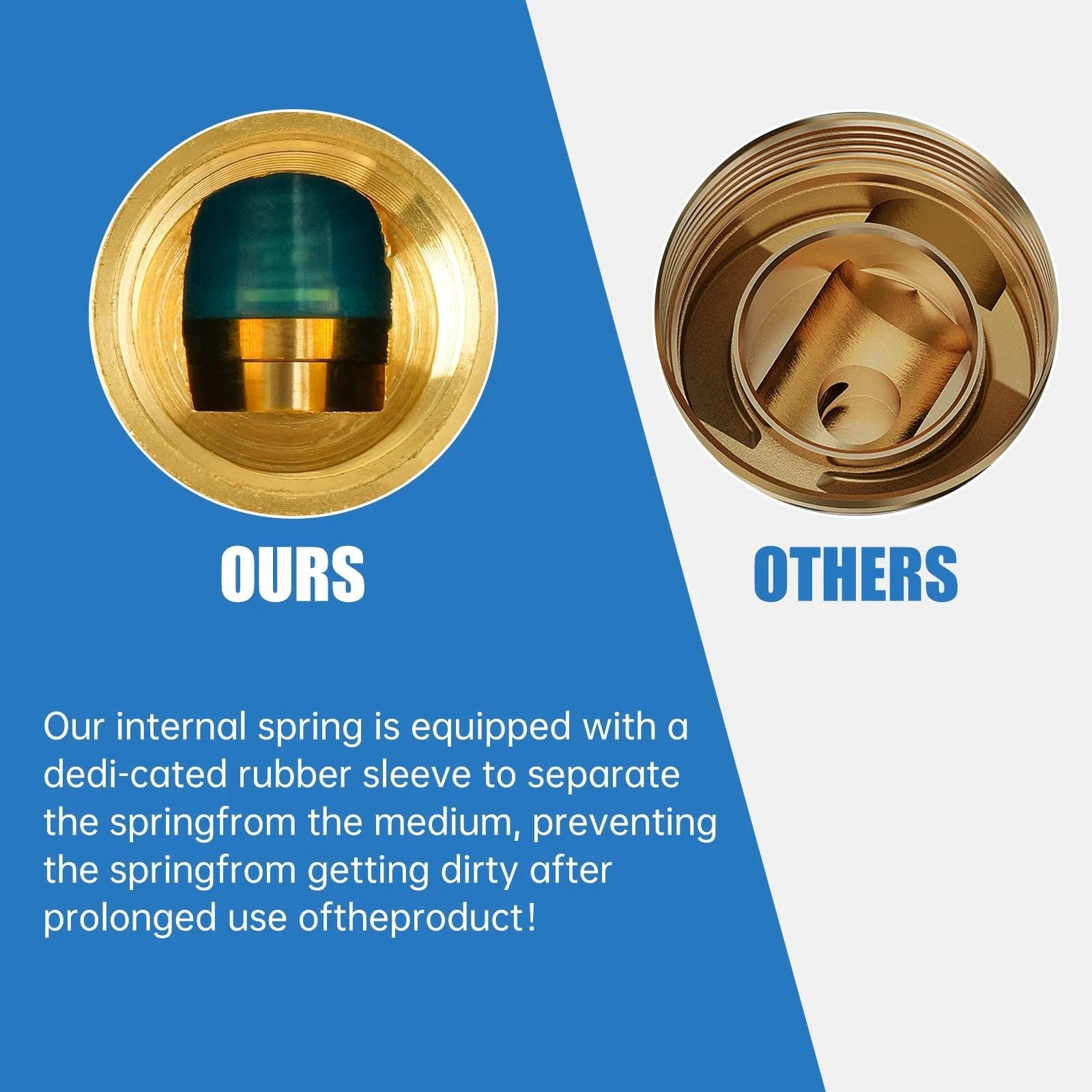 Comparison of internal spring with rubber sleeve and other brand's brass valve for All Brass 3/4 Inch NPT Temperature and Pressure Relief Valve With Extension Probe and Lever For RVs And Home Water Heaters Automatic Safety Valve 210F Temperature 150 PSI Pressure CSA Listed