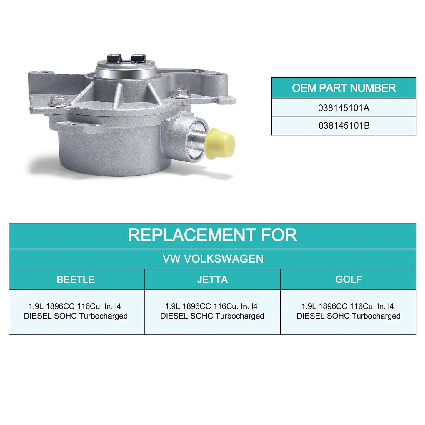Brake Vacuum Pump 038145101B OE Replacement for 1999-2004 VW 1.9L TDI ALH, shown with CNC machined housing.