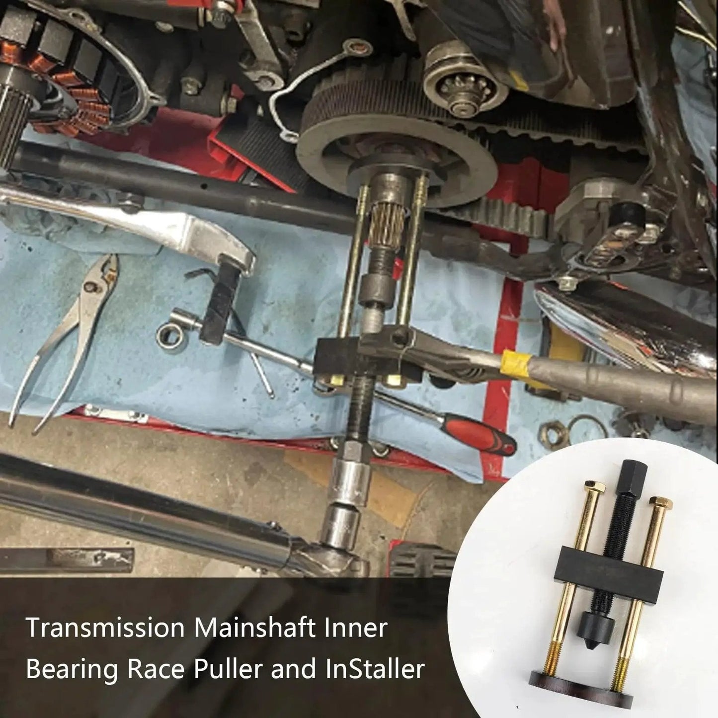 Transmission Mainshaft Inner Bearing Race Tool Installer Puller for Big Twin transmissions in use on motorcycle engine close-up.