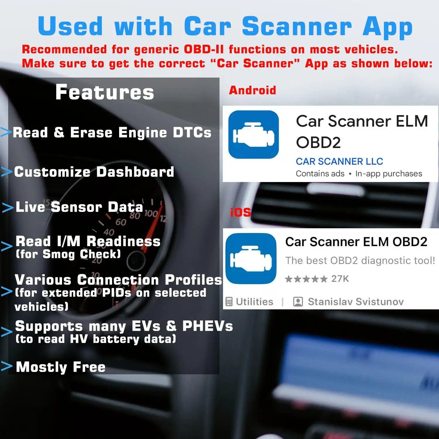 OBD II Bluetooth Scanner for iOS and Android With Wireless Check Engine Light Code Reader and DIY Car Diagnostic Tool for Gearheads by Veepeak features overview on car dashboard.