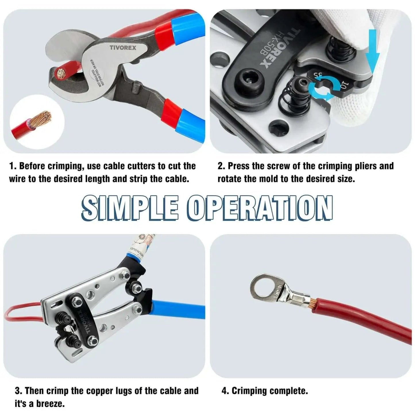 No Fuss Battery Lug Crimping Tool For AWG 10 To 1 0 Wire With Built In Cable Cutter Plus 64 Ring Terminals And 70 Heat Shrink Tubes Kit By Tivorex showing simple operation steps