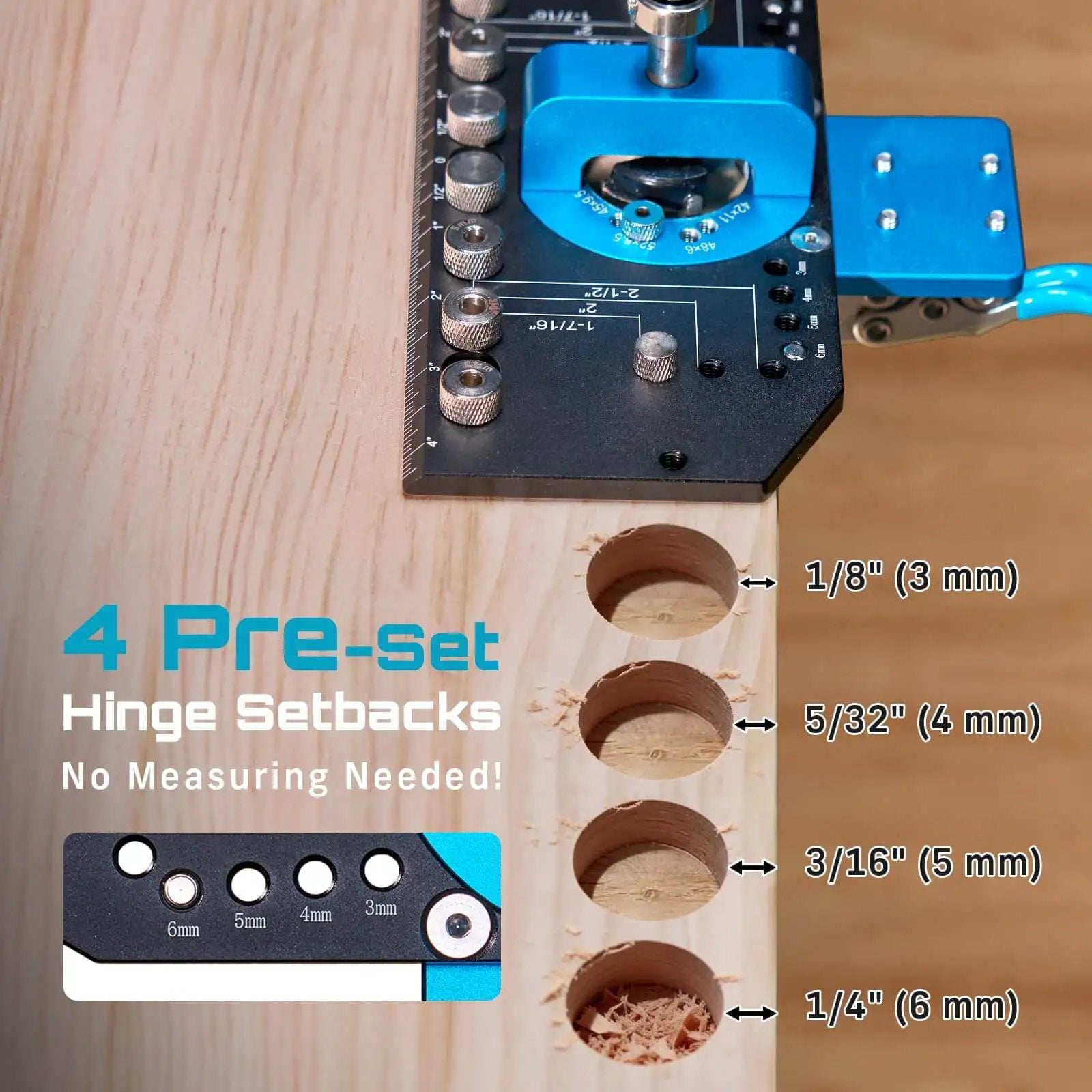 Close-up of Three In One Cabinet Hardware Jig Made From Aluminum Alloy For 35mm Concealed Hinges showing drill holes in wood.