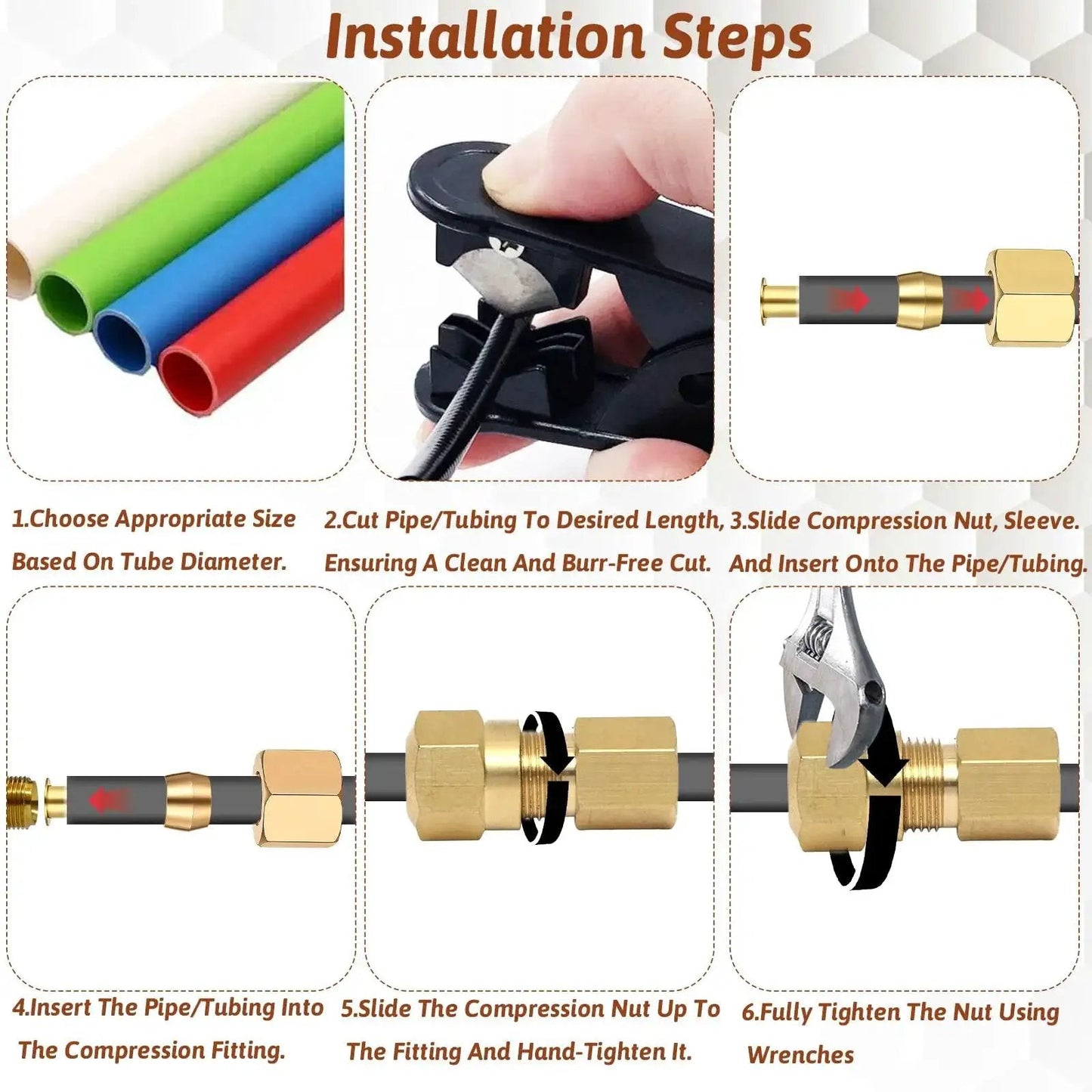 Brass One Quarter Inch Compression Fittings Assortment Kit installation steps for leak-free connections using sleeves, nuts, and tubing.