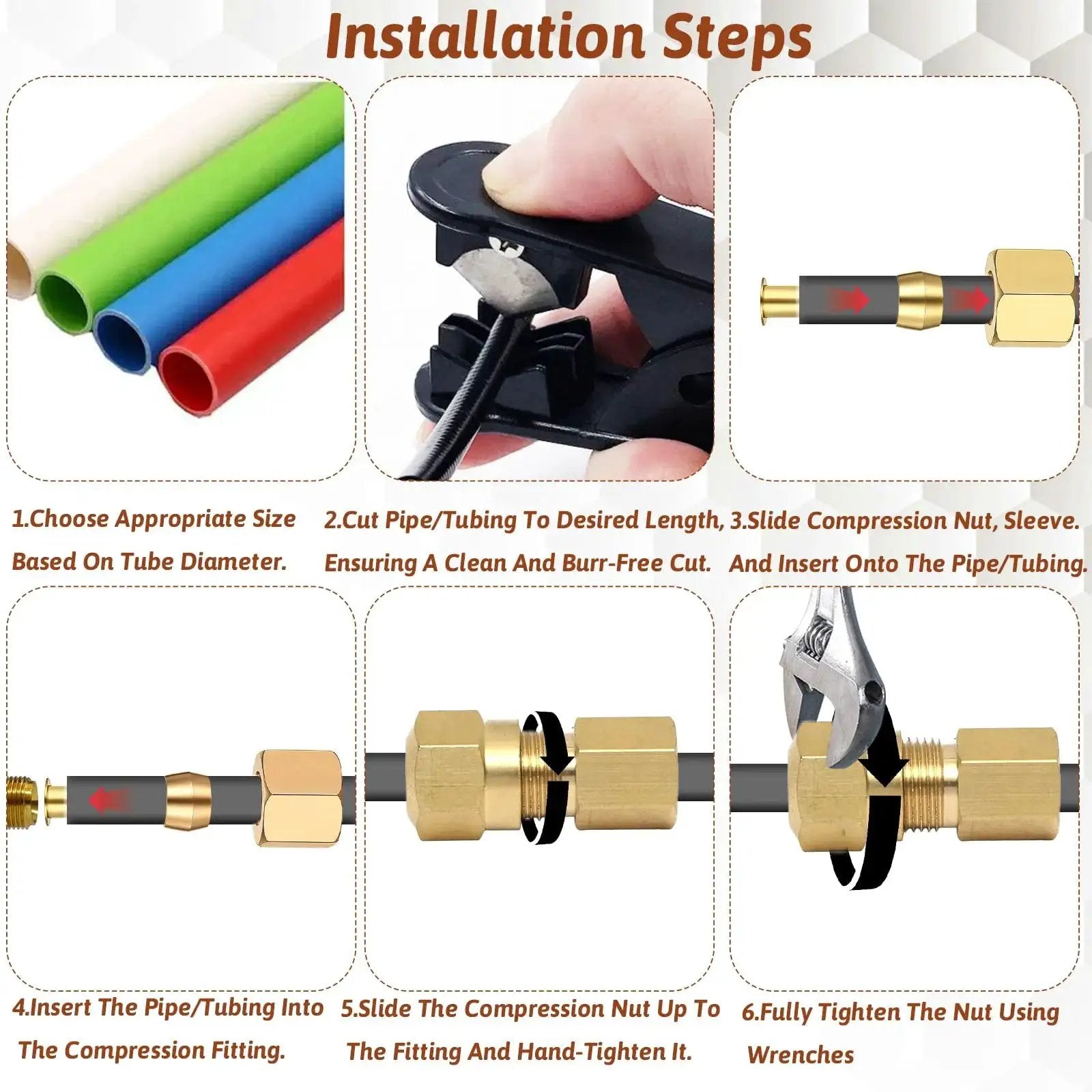 Brass One Quarter Inch Compression Fittings Assortment Kit installation steps for leak-free connections using sleeves, nuts, and tubing.