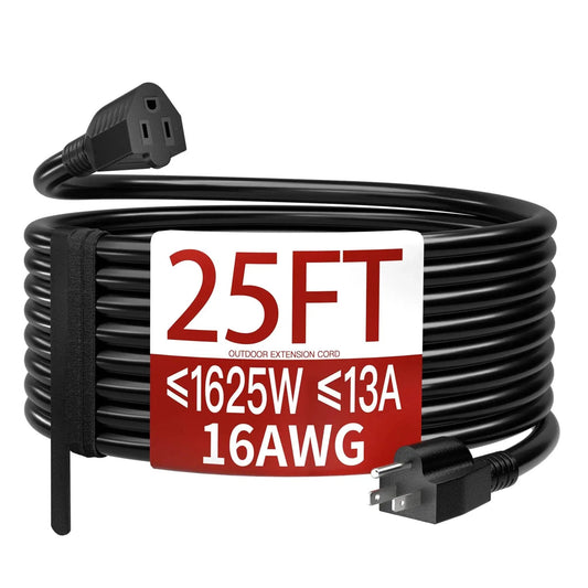 Outdoor 25 Ft Extension Cord 16 AWG SJTW 125V 13A Weatherproof ETL Listed, coiled black cord with plug and socket