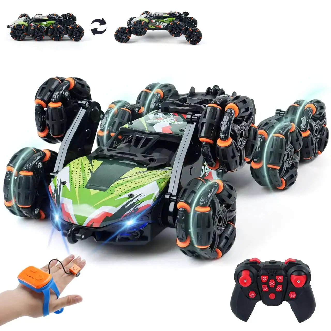Gesture Sensing 8 Wheel Remote Control Car With Lights And Spray for indoor outdoor play, showing RC car, remote, and hand gesture device