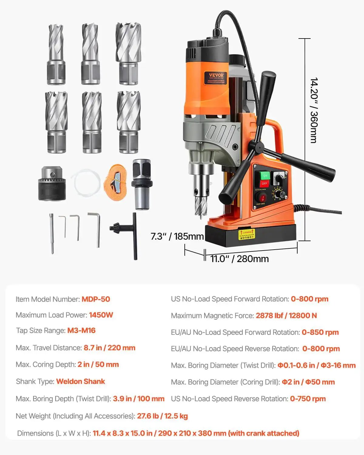 Heavy Duty Magnetic Drill Press With 1450W Motor, 0-800 RPM, 2 In Boring Capacity, Portable Electric Mag Drill, 2878 Lbf Beast Holding Power, Includes 6 Coring Bits, By VEVOR For Metalworking And Home Improvement Projects