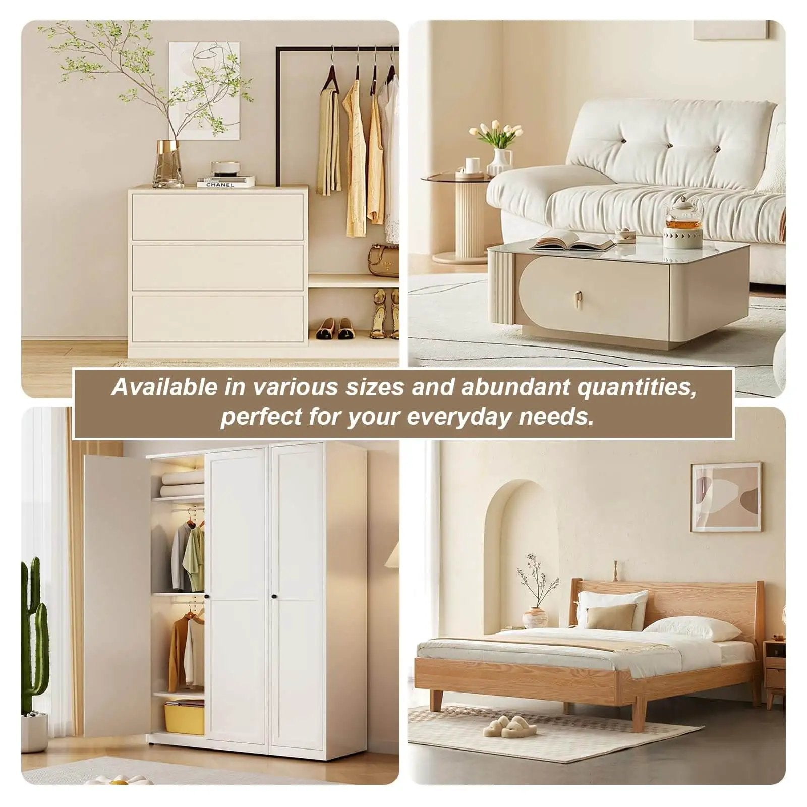 Modern living room and bedroom furniture setup with wardrobe, coffee table, dresser, and bed showcasing stylish home decor.
